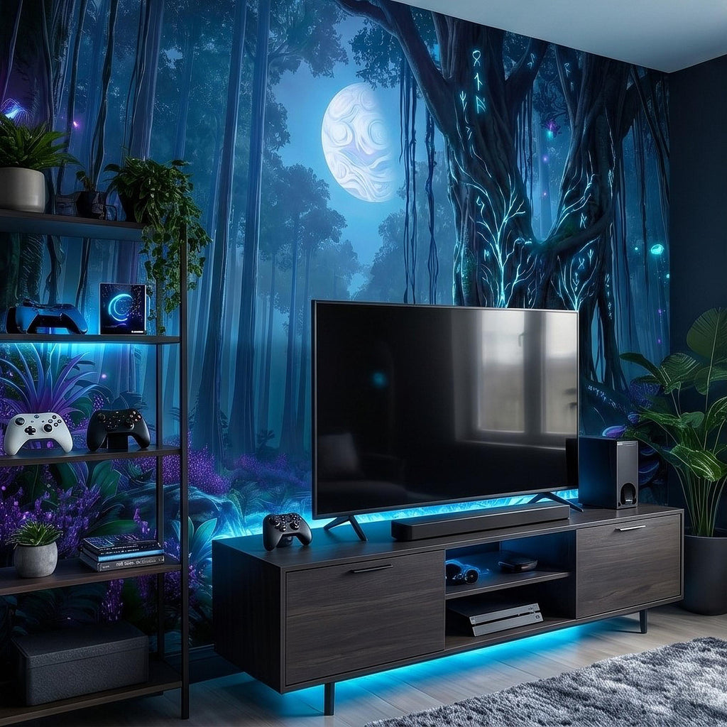Enchanted Moonlit Forest Peel and Stick Wall Mural, Mystic Rune Tree, Blue Violet Fantasy Woods, Fireflies and Mushrooms Night Wallpaper