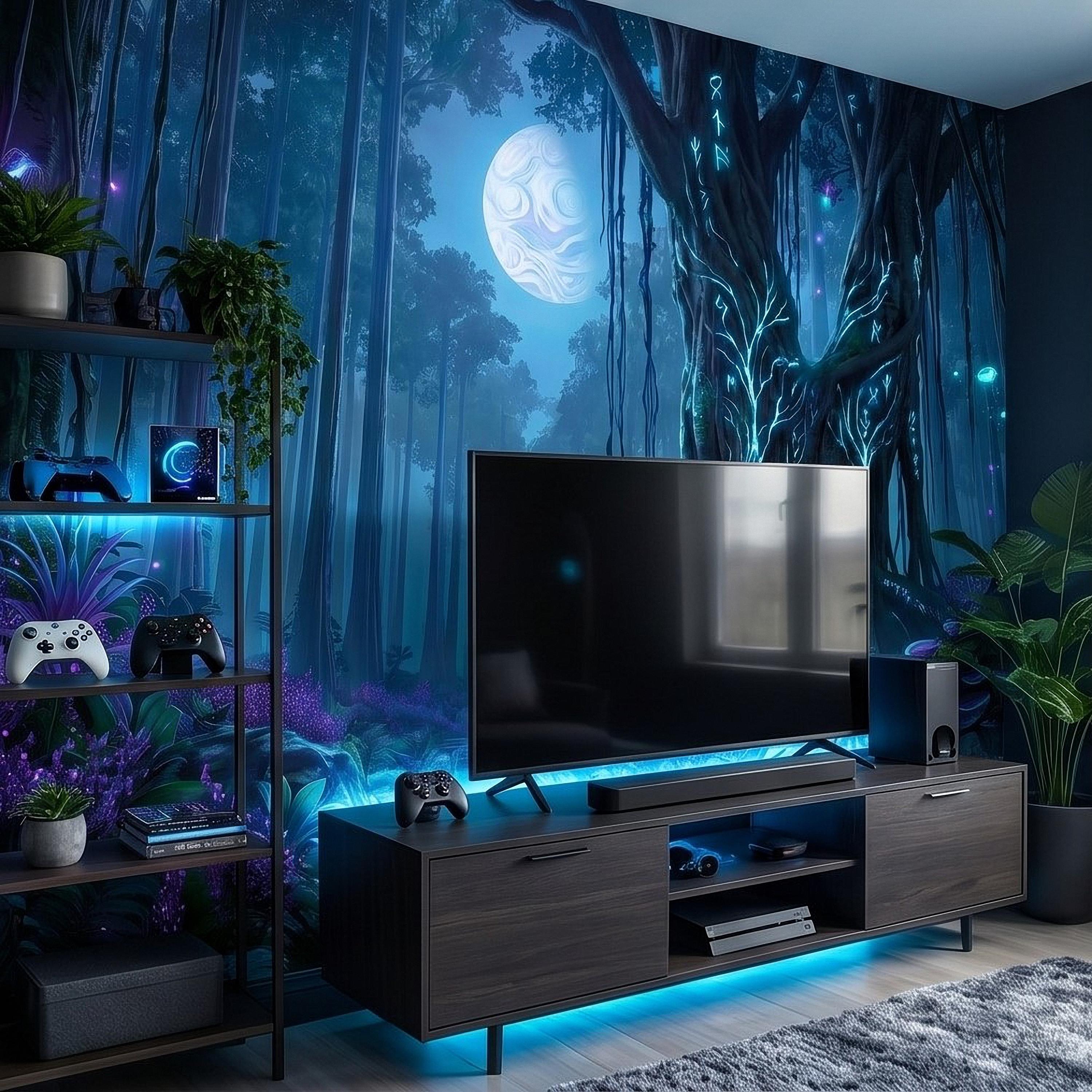 Enchanted Moonlit Forest Peel and Stick Wall Mural, Mystic Rune Tree, Blue Violet Fantasy Woods, Fireflies and Mushrooms Night Wallpaper