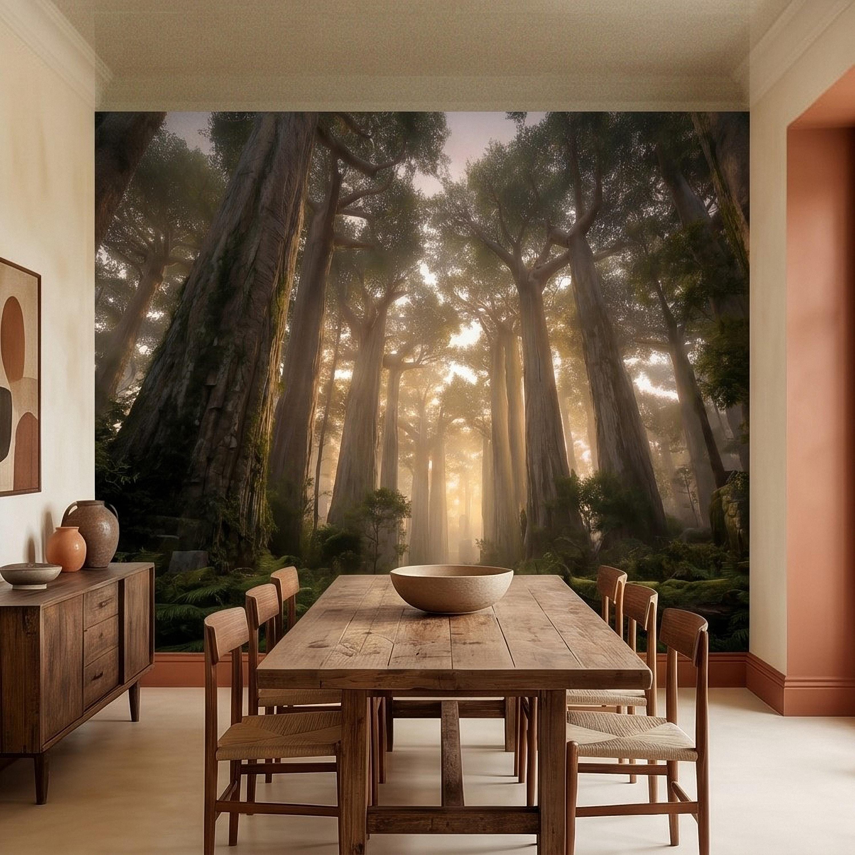 Sunlit Redwood Forest Peel and Stick Wall Mural, Misty Sequoia Trees, Ferns and Moss, Golden Sun Rays Nature Landscape Calm Scenic Wallpaper