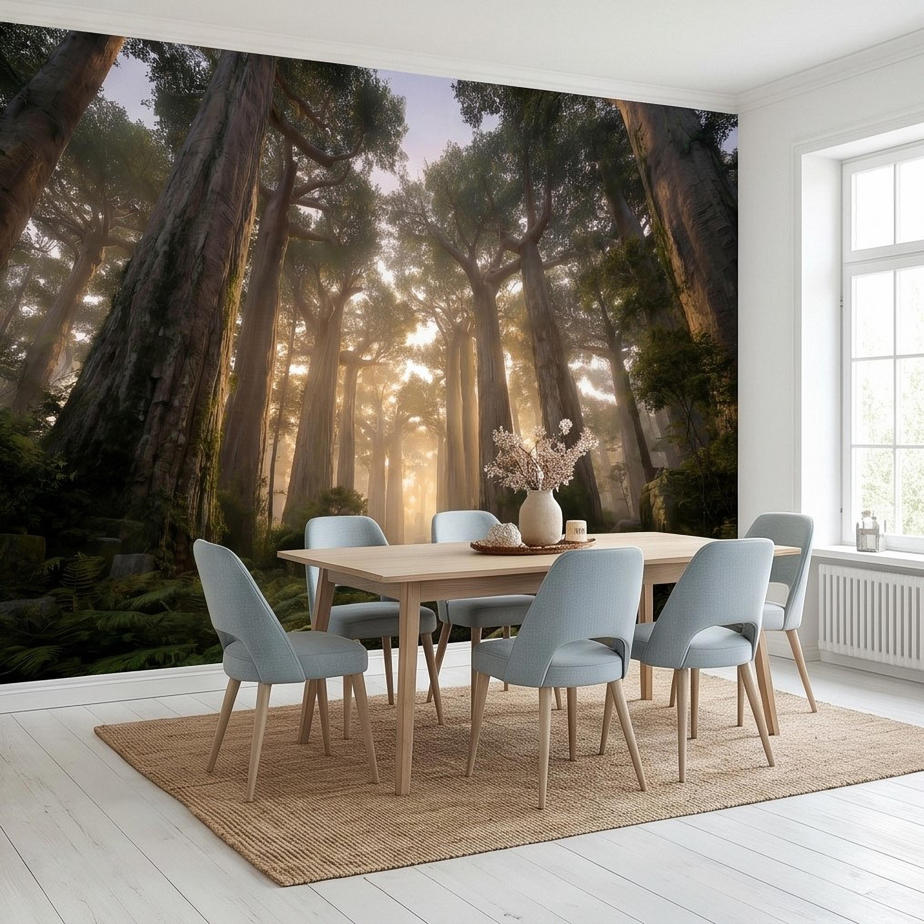 Sunlit Redwood Forest Peel and Stick Wall Mural, Misty Sequoia Trees, Ferns and Moss, Golden Sun Rays Nature Landscape Calm Scenic Wallpaper
