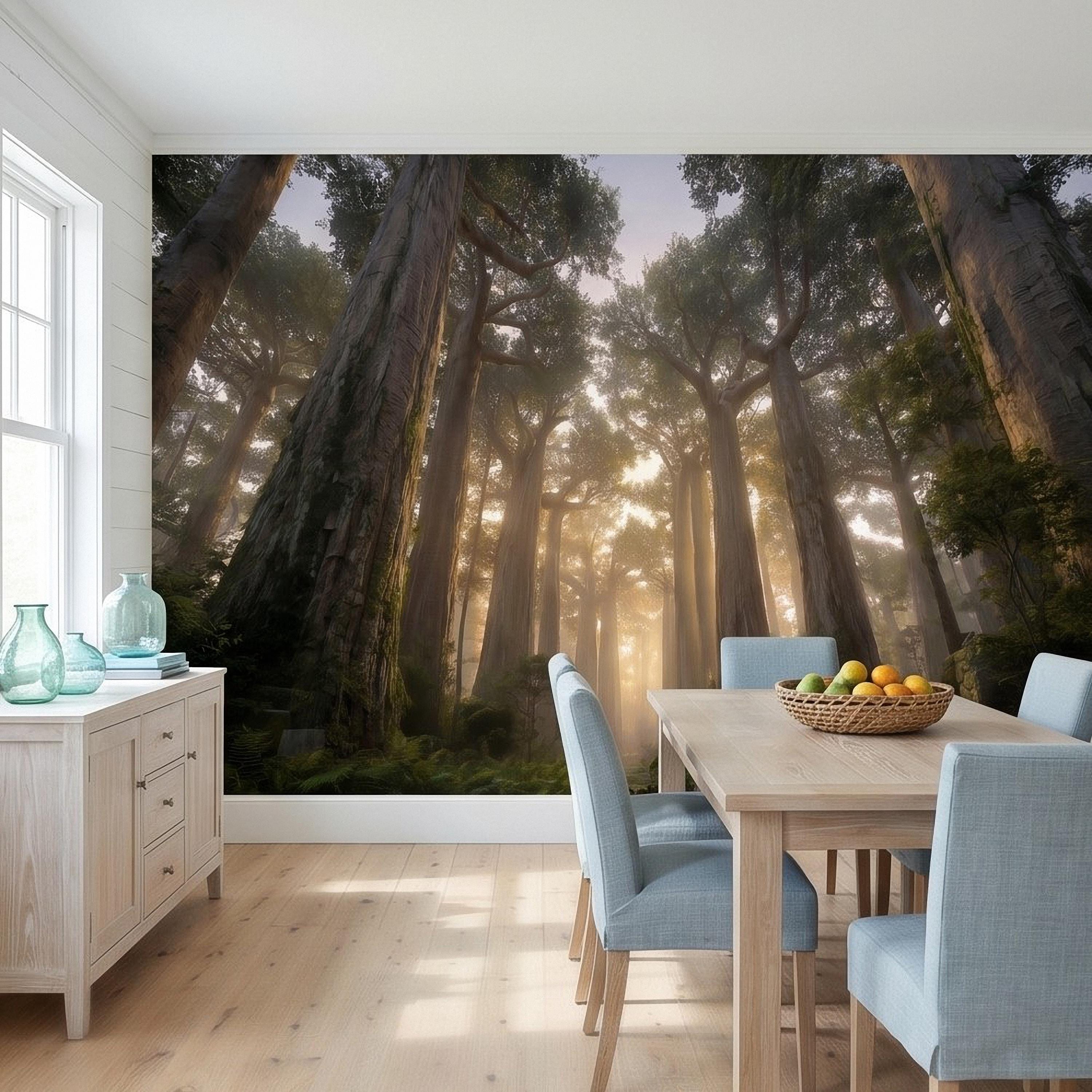 Sunlit Redwood Forest Peel and Stick Wall Mural, Misty Sequoia Trees, Ferns and Moss, Golden Sun Rays Nature Landscape Calm Scenic Wallpaper
