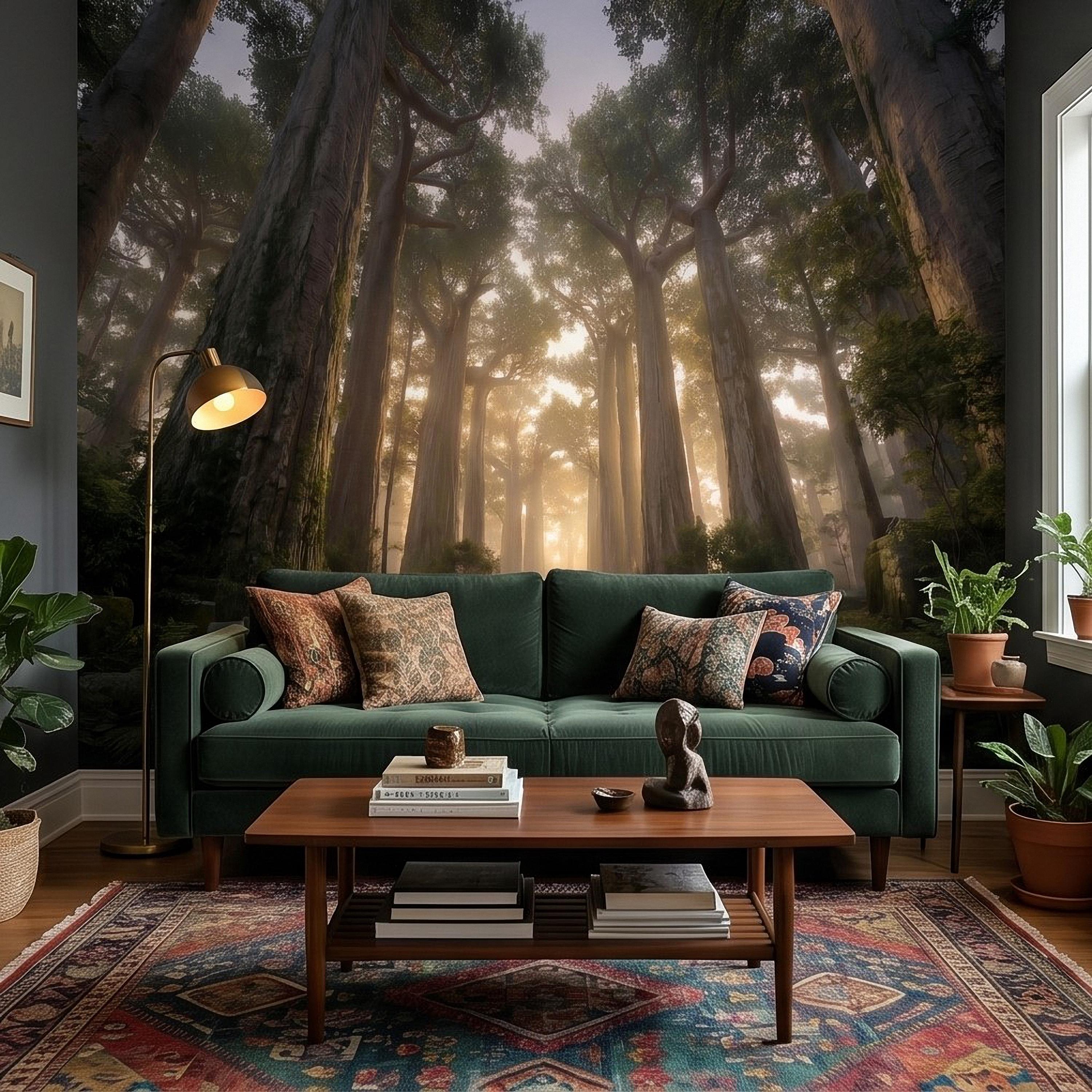 Sunlit Redwood Forest Peel and Stick Wall Mural, Misty Sequoia Trees, Ferns and Moss, Golden Sun Rays Nature Landscape Calm Scenic Wallpaper