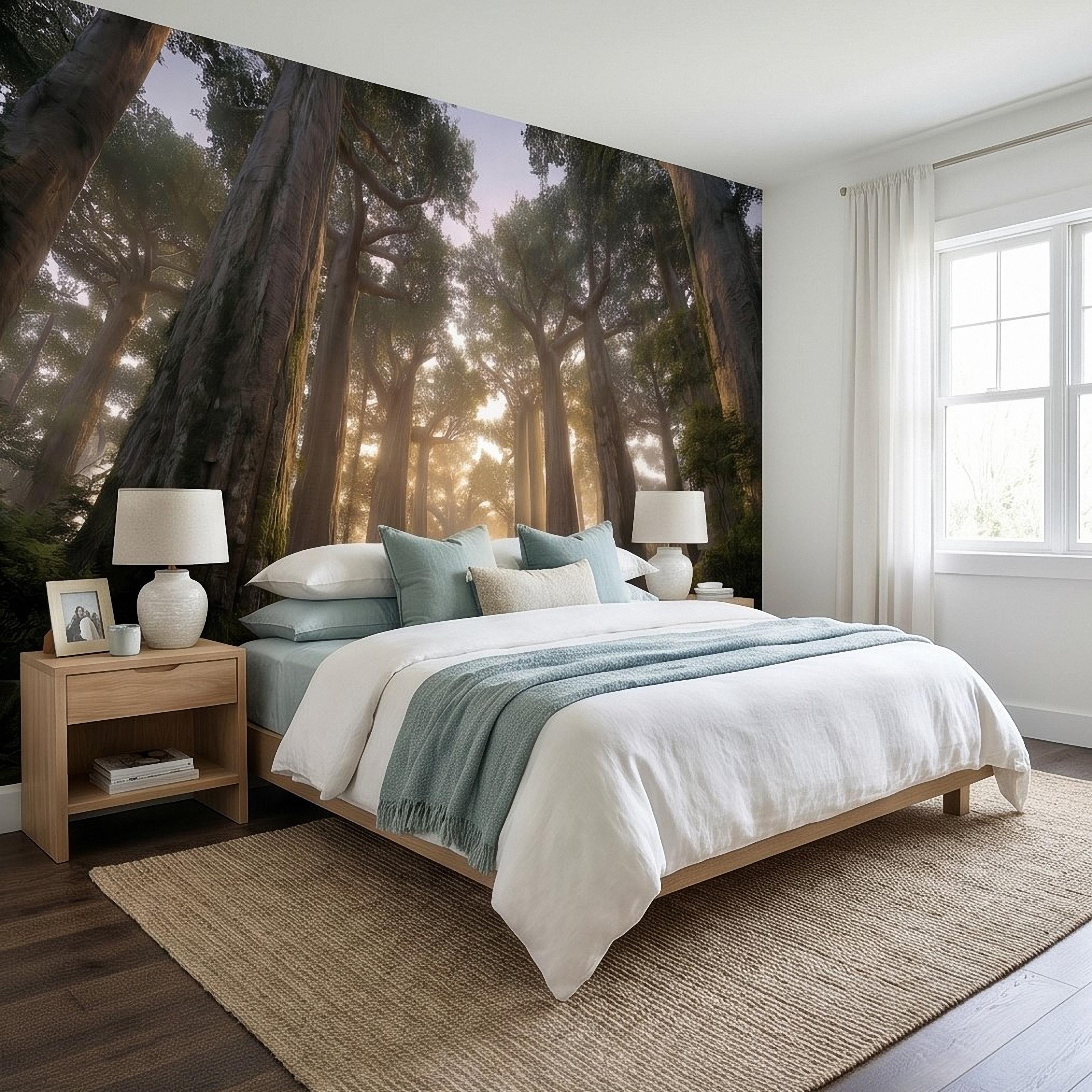 Sunlit Redwood Forest Peel and Stick Wall Mural, Misty Sequoia Trees, Ferns and Moss, Golden Sun Rays Nature Landscape Calm Scenic Wallpaper
