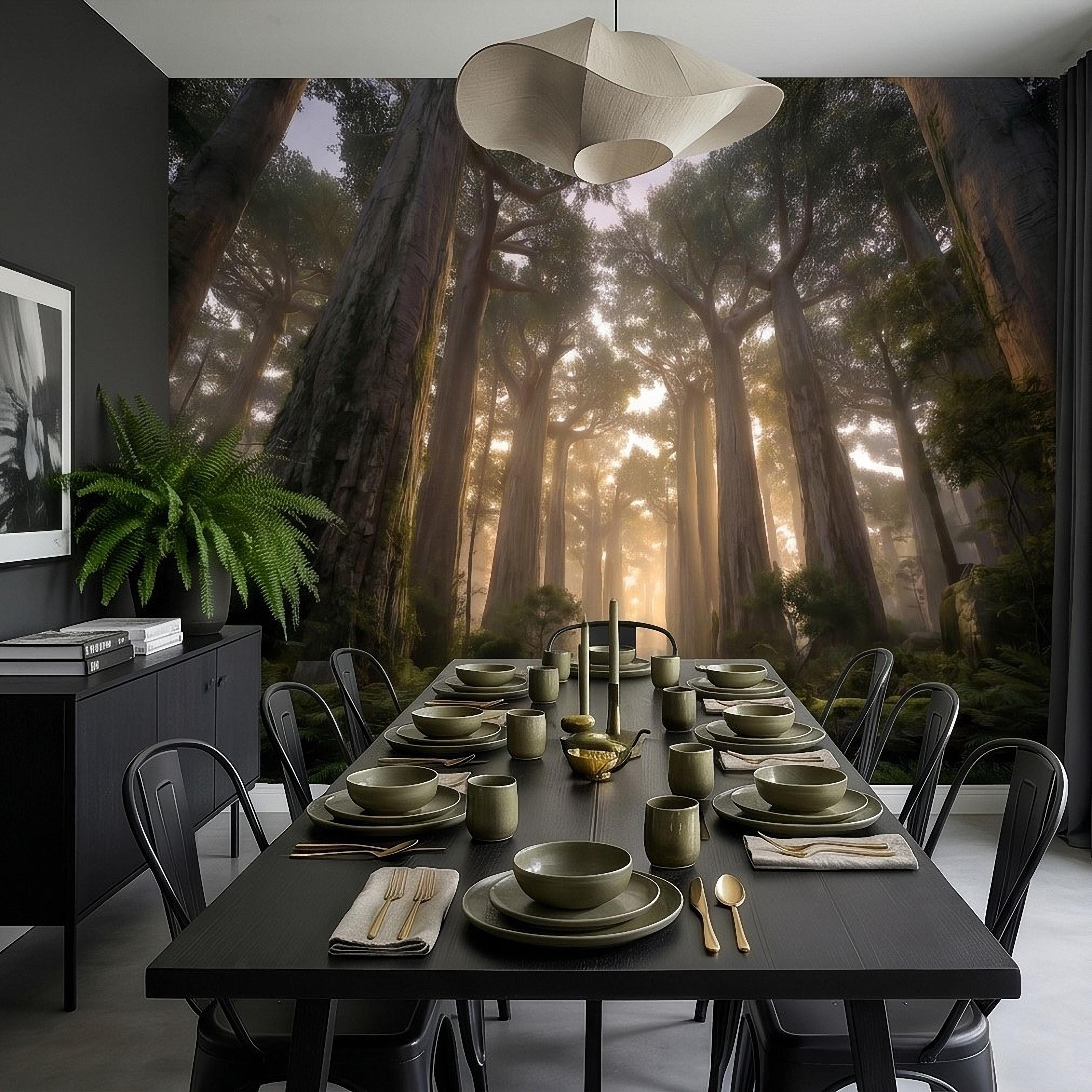 Sunlit Redwood Forest Peel and Stick Wall Mural, Misty Sequoia Trees, Ferns and Moss, Golden Sun Rays Nature Landscape Calm Scenic Wallpaper