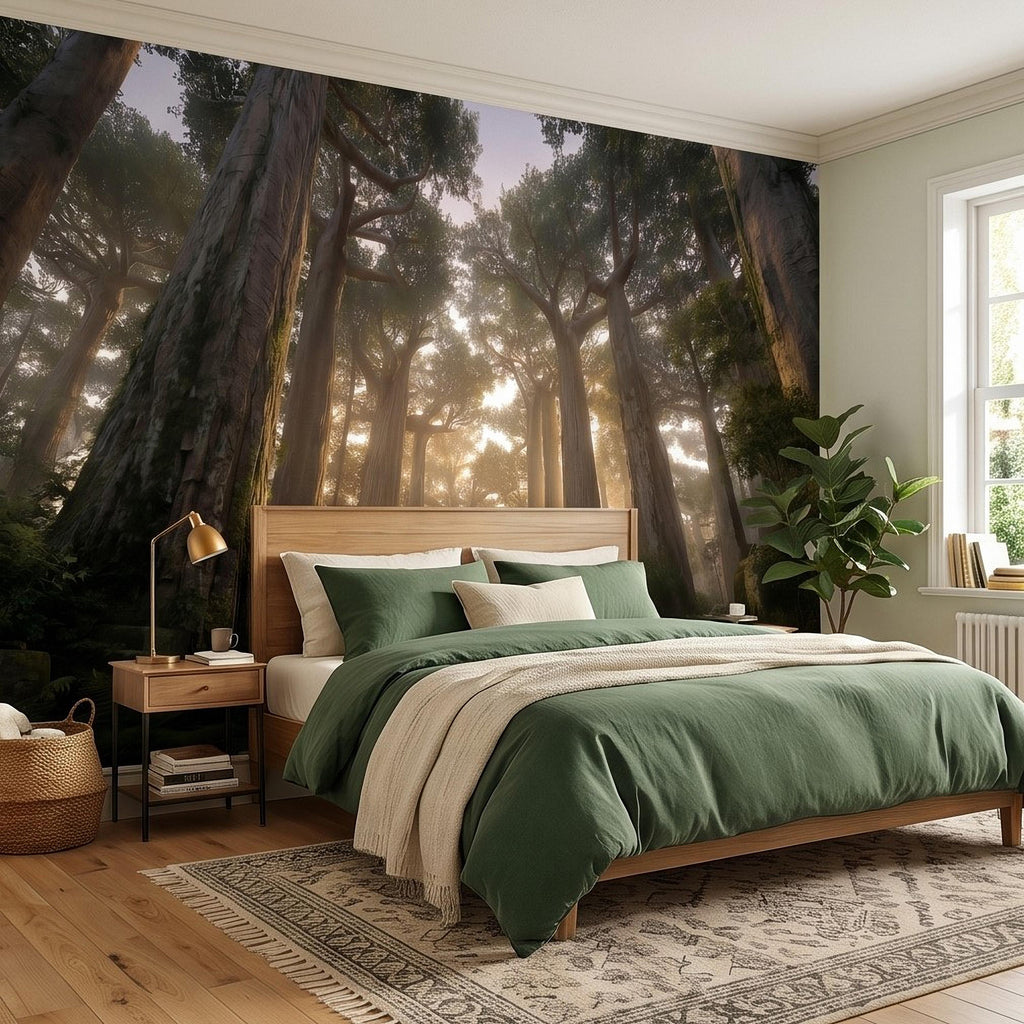 Sunlit Redwood Forest Peel and Stick Wall Mural, Misty Sequoia Trees, Ferns and Moss, Golden Sun Rays Nature Landscape Calm Scenic Wallpaper