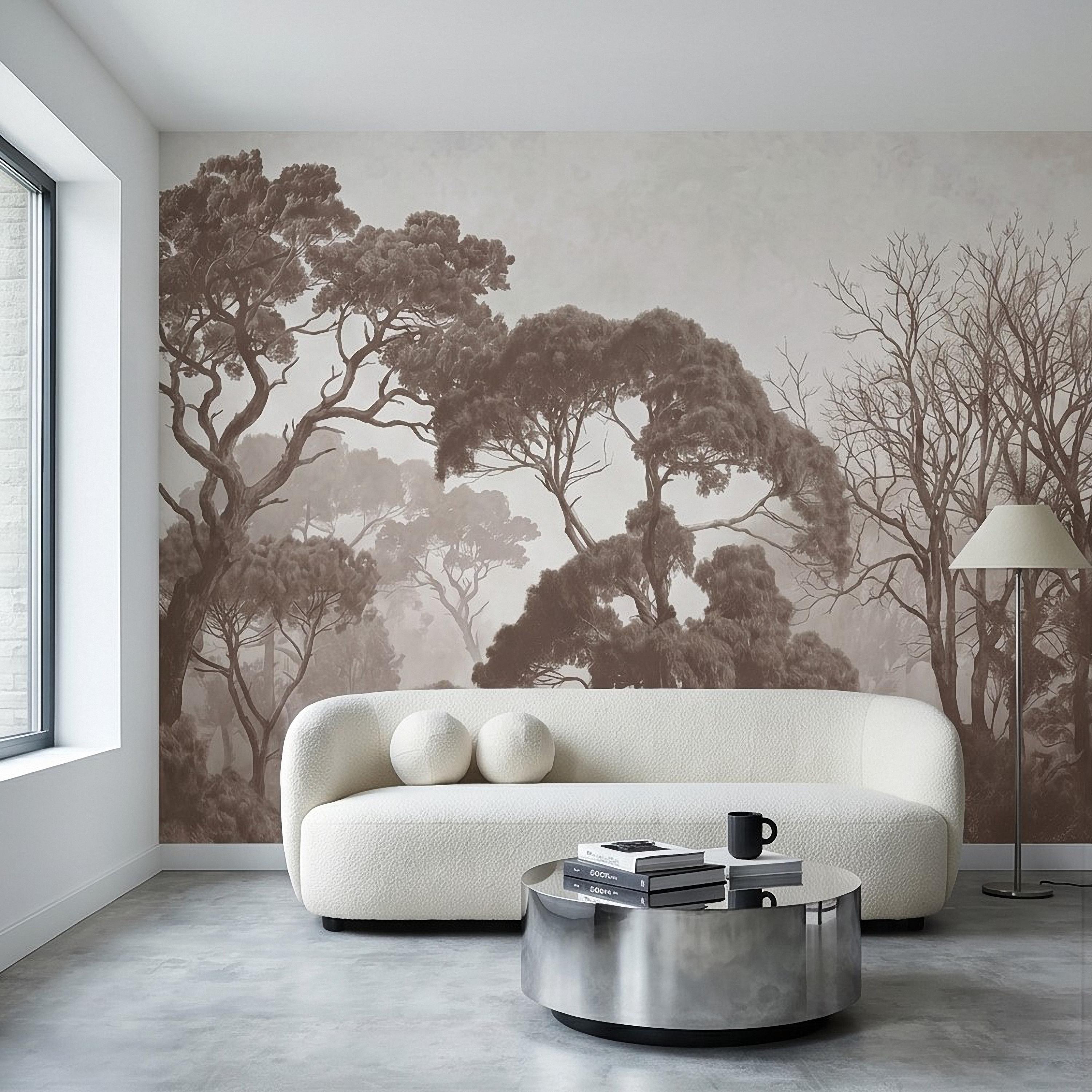 Sepia Misty Forest Peel and Stick Wall Mural, Neutral Tree Silhouettes, Foggy Woodland Landscape, Minimal Rustic Calm Nature Wallpaper