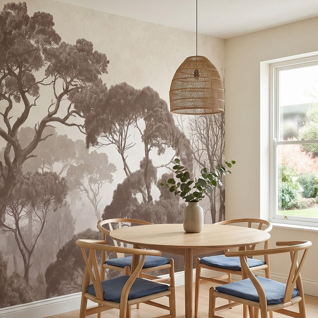 Sepia Misty Forest Peel and Stick Wall Mural, Neutral Tree Silhouettes, Foggy Woodland Landscape, Minimal Rustic Calm Nature Wallpaper