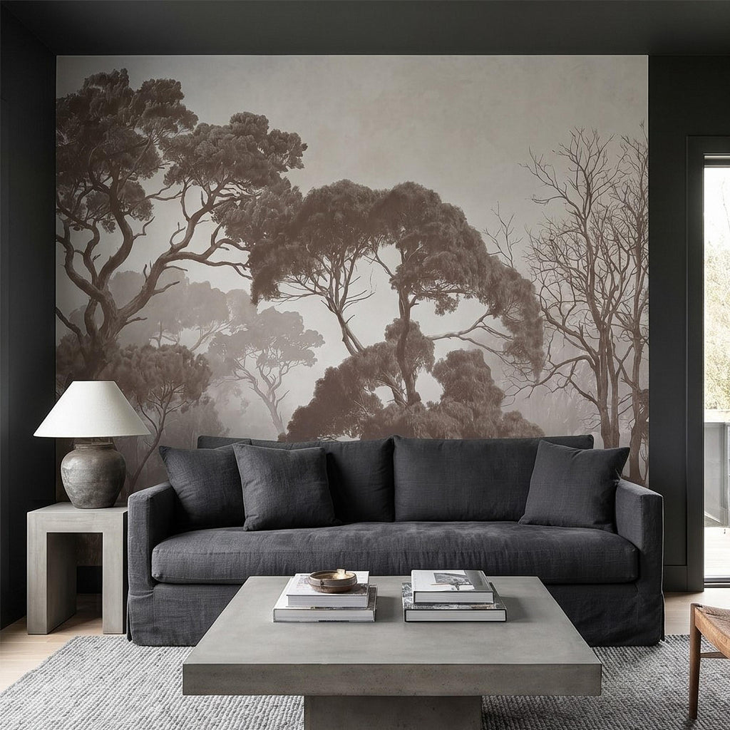Sepia Misty Forest Peel and Stick Wall Mural, Neutral Tree Silhouettes, Foggy Woodland Landscape, Minimal Rustic Calm Nature Wallpaper