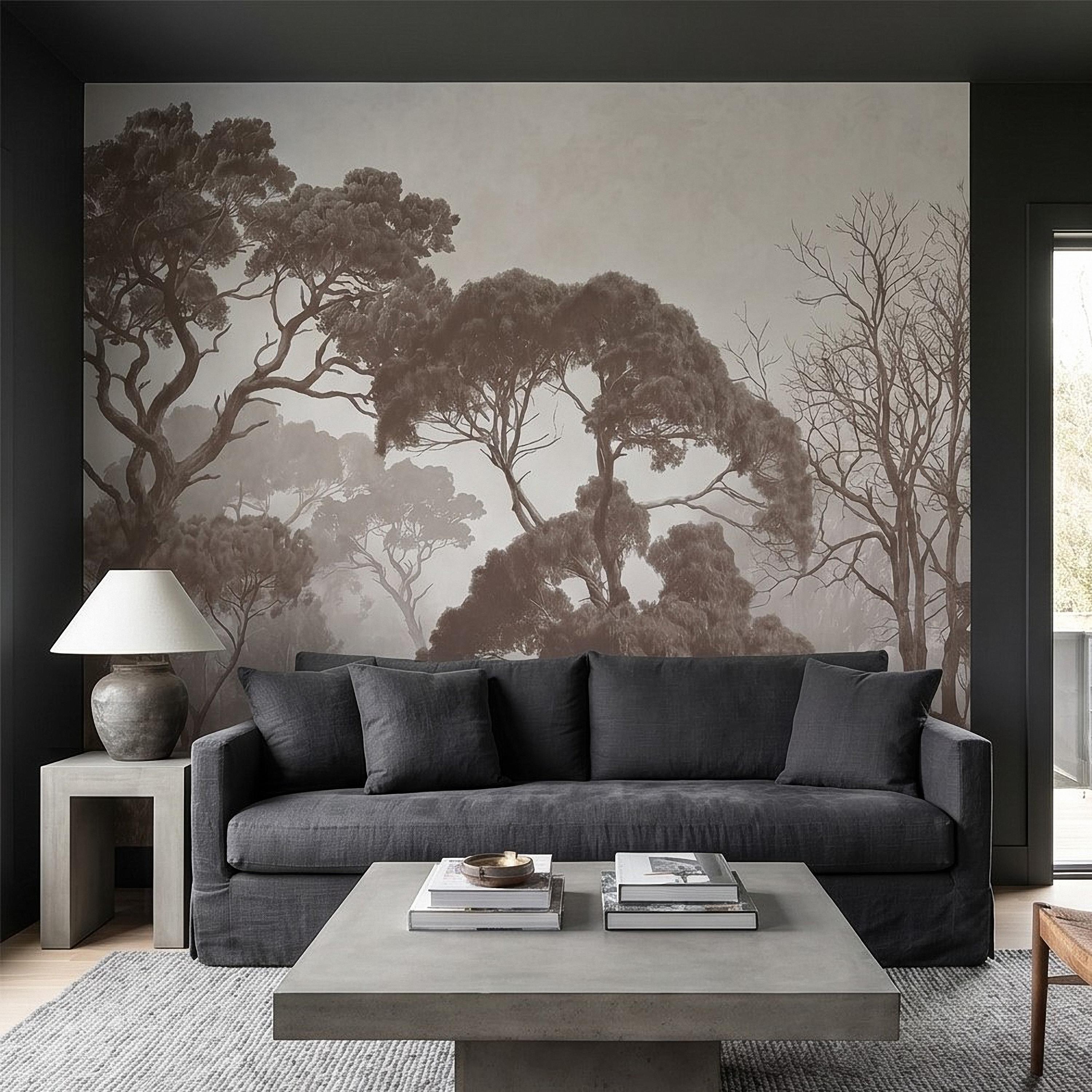 Sepia Misty Forest Peel and Stick Wall Mural, Neutral Tree Silhouettes, Foggy Woodland Landscape, Minimal Rustic Calm Nature Wallpaper