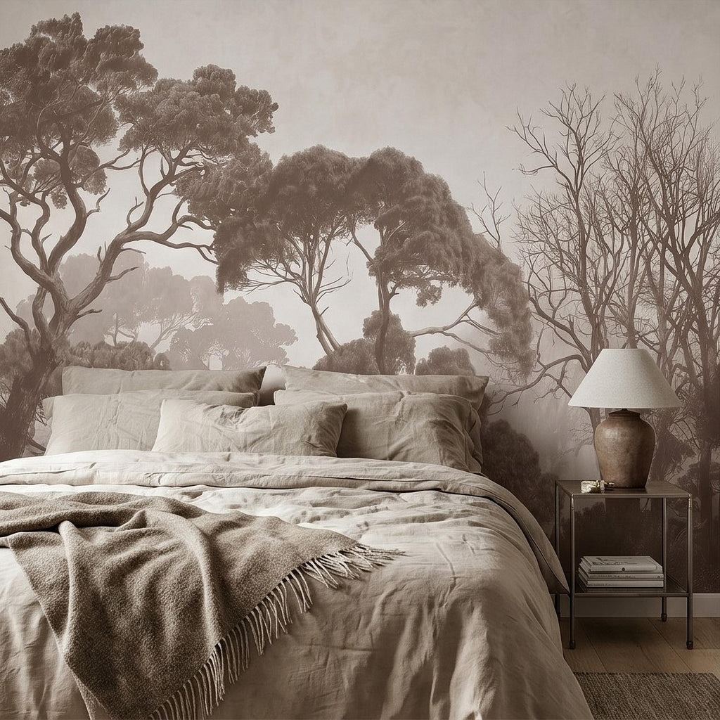 Sepia Misty Forest Peel and Stick Wall Mural, Neutral Tree Silhouettes, Foggy Woodland Landscape, Minimal Rustic Calm Nature Wallpaper