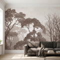 Sepia Misty Forest Peel and Stick Wall Mural, Neutral Tree Silhouettes, Foggy Woodland Landscape, Minimal Rustic Calm Nature Wallpaper