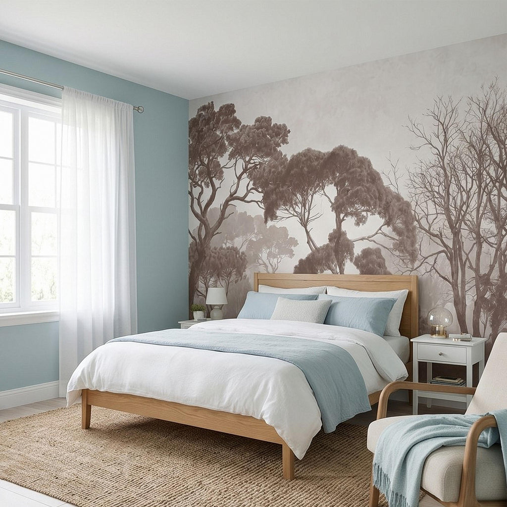 Sepia Misty Forest Peel and Stick Wall Mural, Neutral Tree Silhouettes, Foggy Woodland Landscape, Minimal Rustic Calm Nature Wallpaper