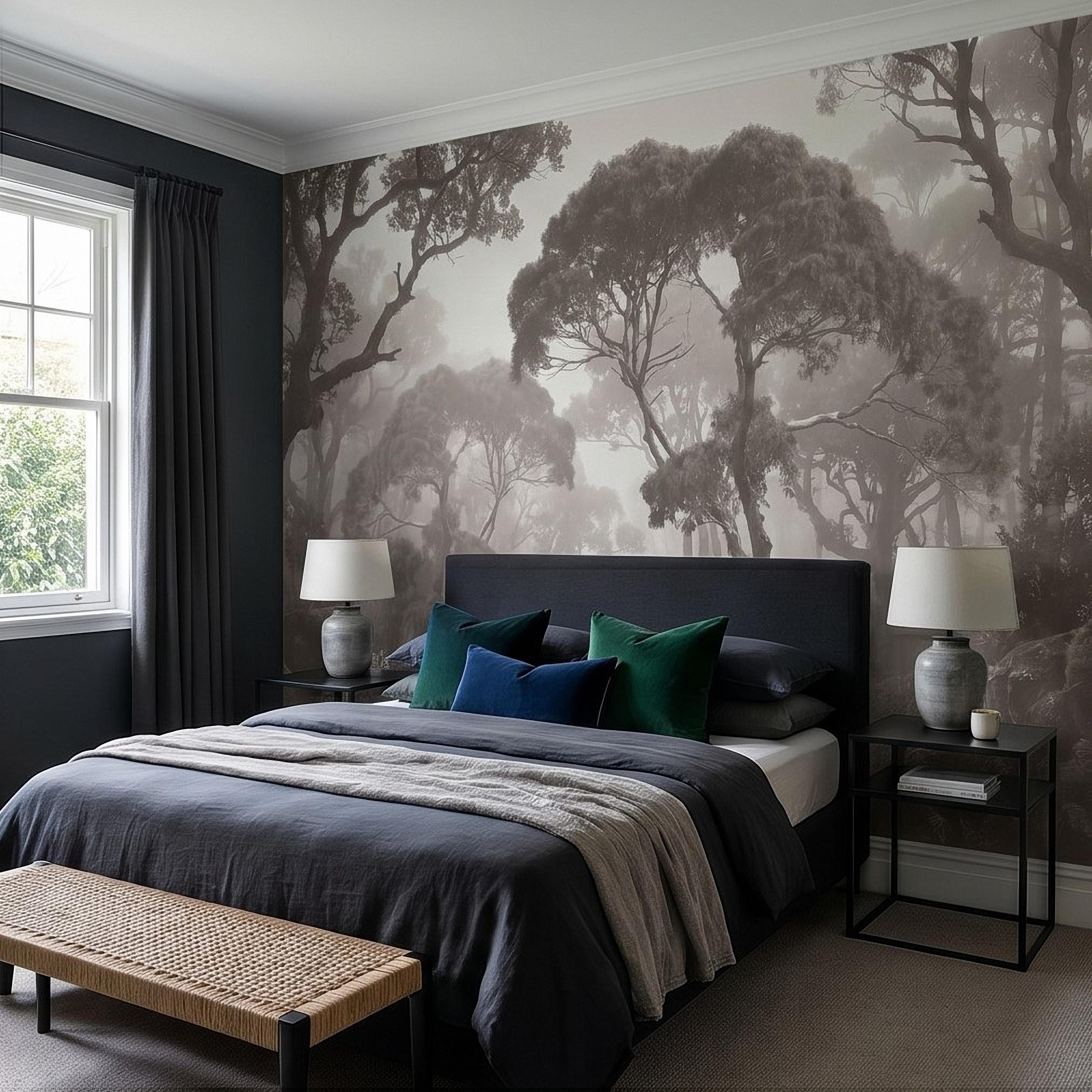 Misty Forest Path Peel and Stick Wall Mural, Sepia Woodland Trees and Ferns, Vintage Fog Landscape, Neutral Nature Scandi Wallpaper