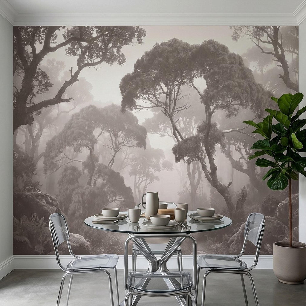 Misty Forest Path Peel and Stick Wall Mural, Sepia Woodland Trees and Ferns, Vintage Fog Landscape, Neutral Nature Scandi Wallpaper