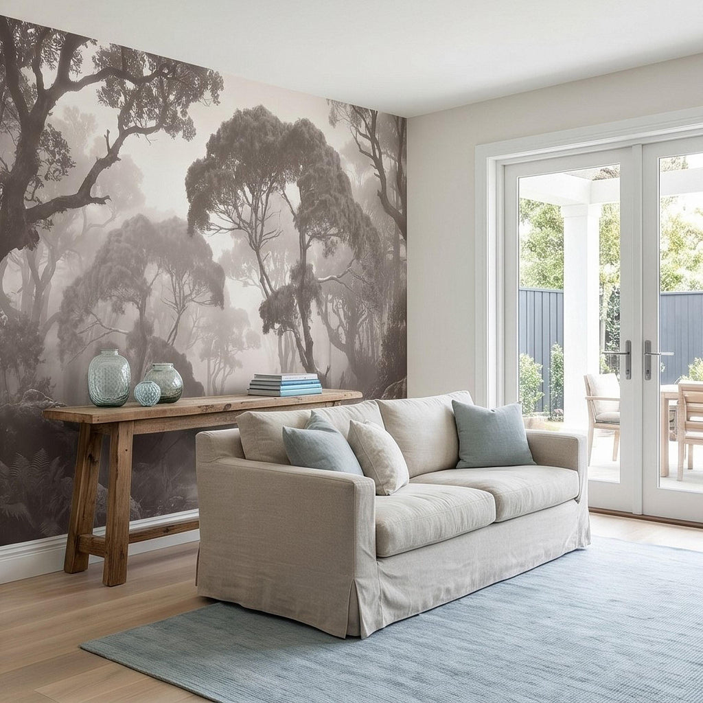 Misty Forest Path Peel and Stick Wall Mural, Sepia Woodland Trees and Ferns, Vintage Fog Landscape, Neutral Nature Scandi Wallpaper