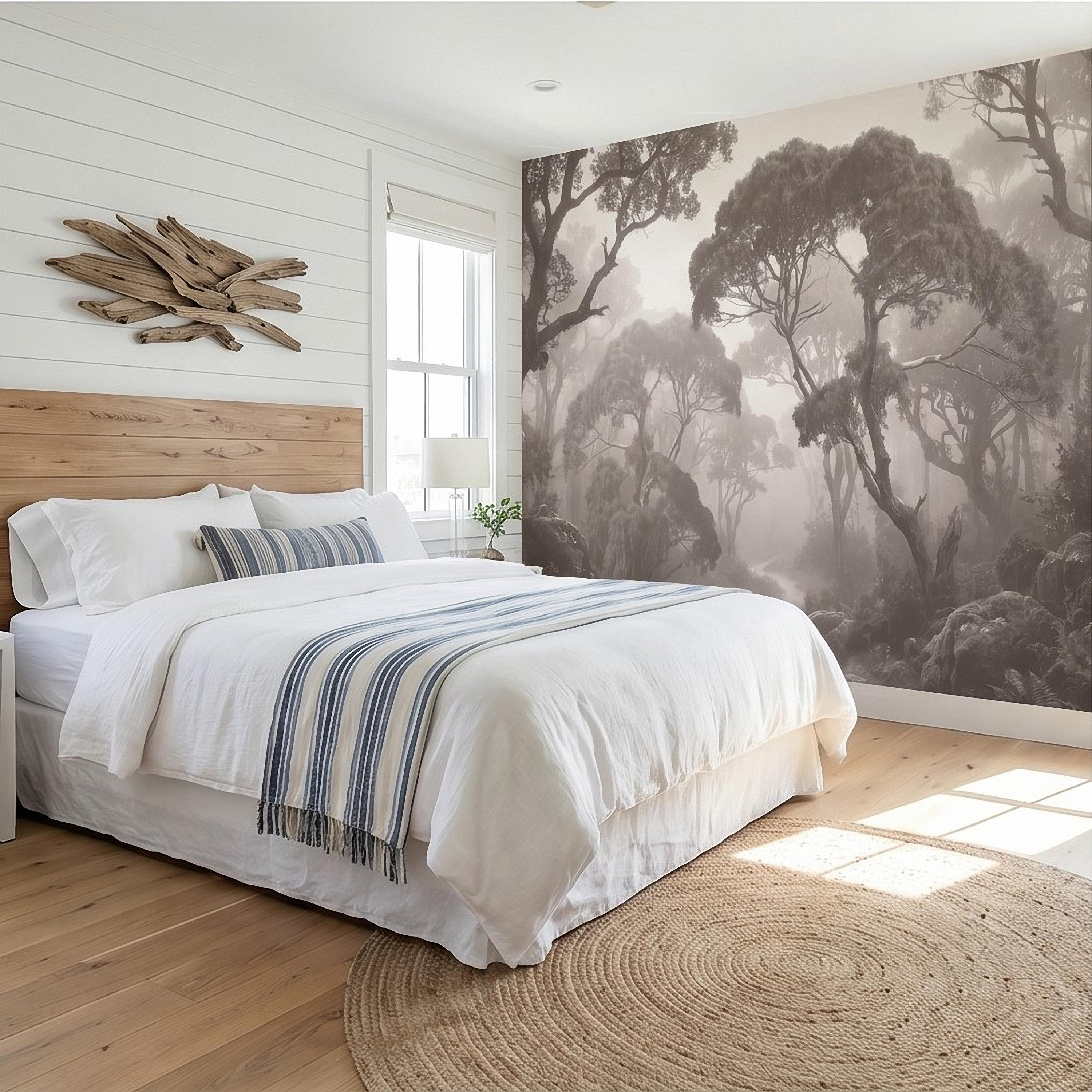 Misty Forest Path Peel and Stick Wall Mural, Sepia Woodland Trees and Ferns, Vintage Fog Landscape, Neutral Nature Scandi Wallpaper