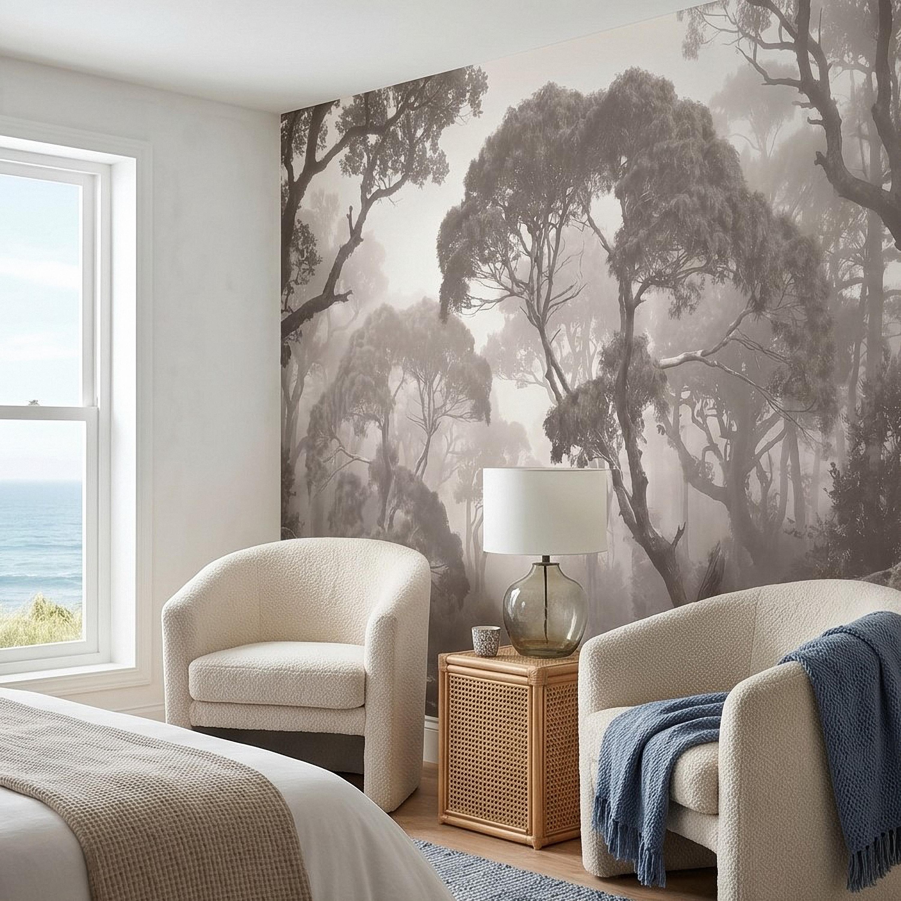 Misty Forest Path Peel and Stick Wall Mural, Sepia Woodland Trees and Ferns, Vintage Fog Landscape, Neutral Nature Scandi Wallpaper