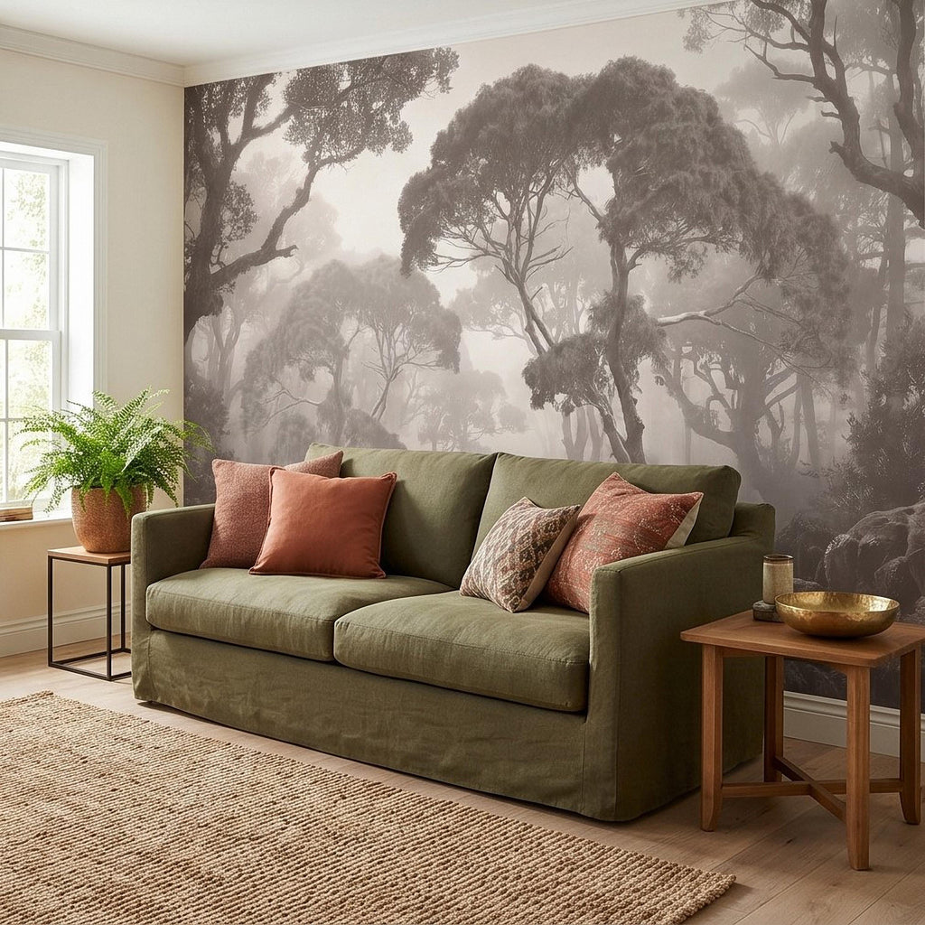 Misty Forest Path Peel and Stick Wall Mural, Sepia Woodland Trees and Ferns, Vintage Fog Landscape, Neutral Nature Scandi Wallpaper
