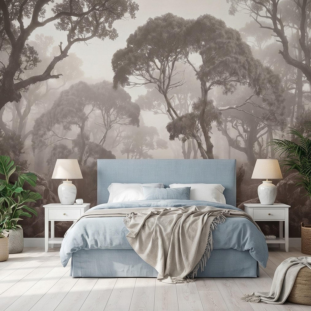 Misty Forest Path Peel and Stick Wall Mural, Sepia Woodland Trees and Ferns, Vintage Fog Landscape, Neutral Nature Scandi Wallpaper