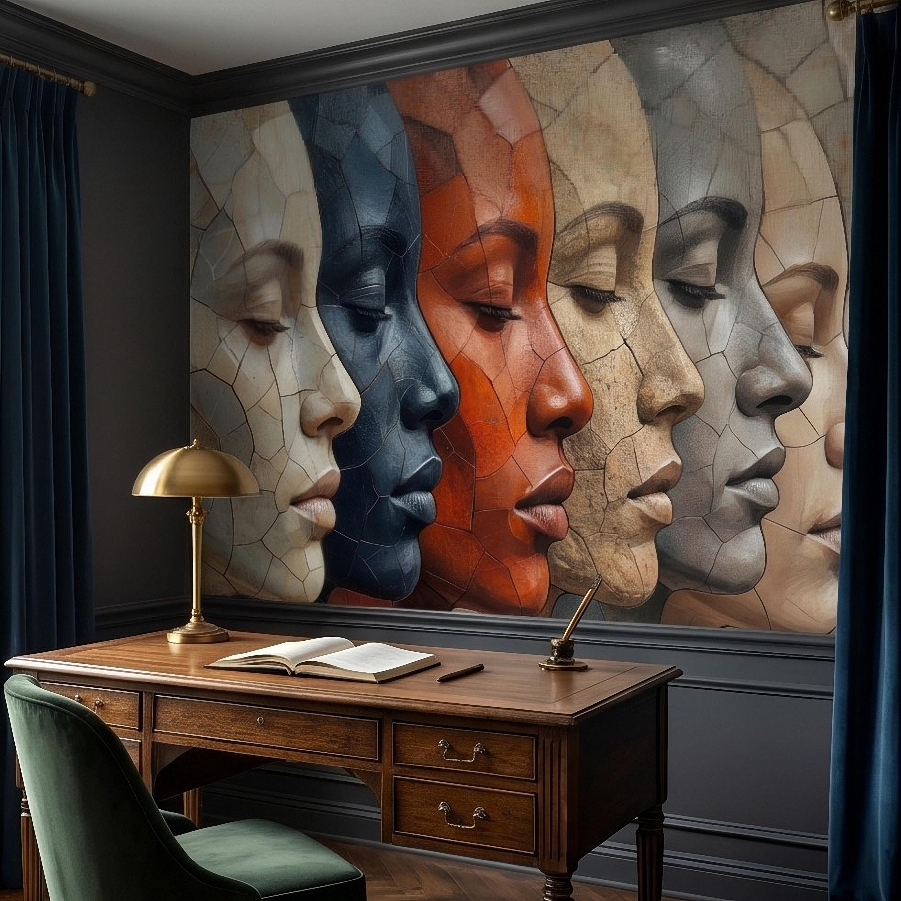 Abstract Mosaic Faces Peel and Stick Wall Mural, Modern Cubist Portrait Profile Collage, Stone Tile Texture, Neutral Earth Tones Wallpaper