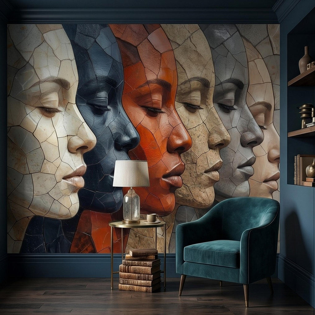 Abstract Mosaic Faces Peel and Stick Wall Mural, Modern Cubist Portrait Profile Collage, Stone Tile Texture, Neutral Earth Tones Wallpaper