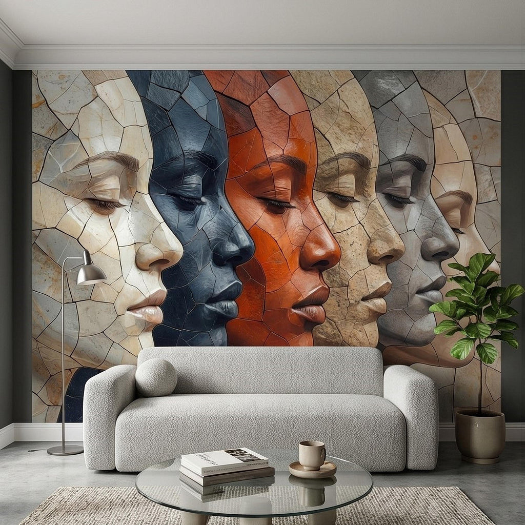 Abstract Mosaic Faces Peel and Stick Wall Mural, Modern Cubist Portrait Profile Collage, Stone Tile Texture, Neutral Earth Tones Wallpaper