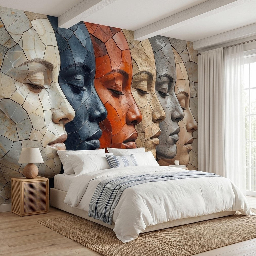 Abstract Mosaic Faces Peel and Stick Wall Mural, Modern Cubist Portrait Profile Collage, Stone Tile Texture, Neutral Earth Tones Wallpaper