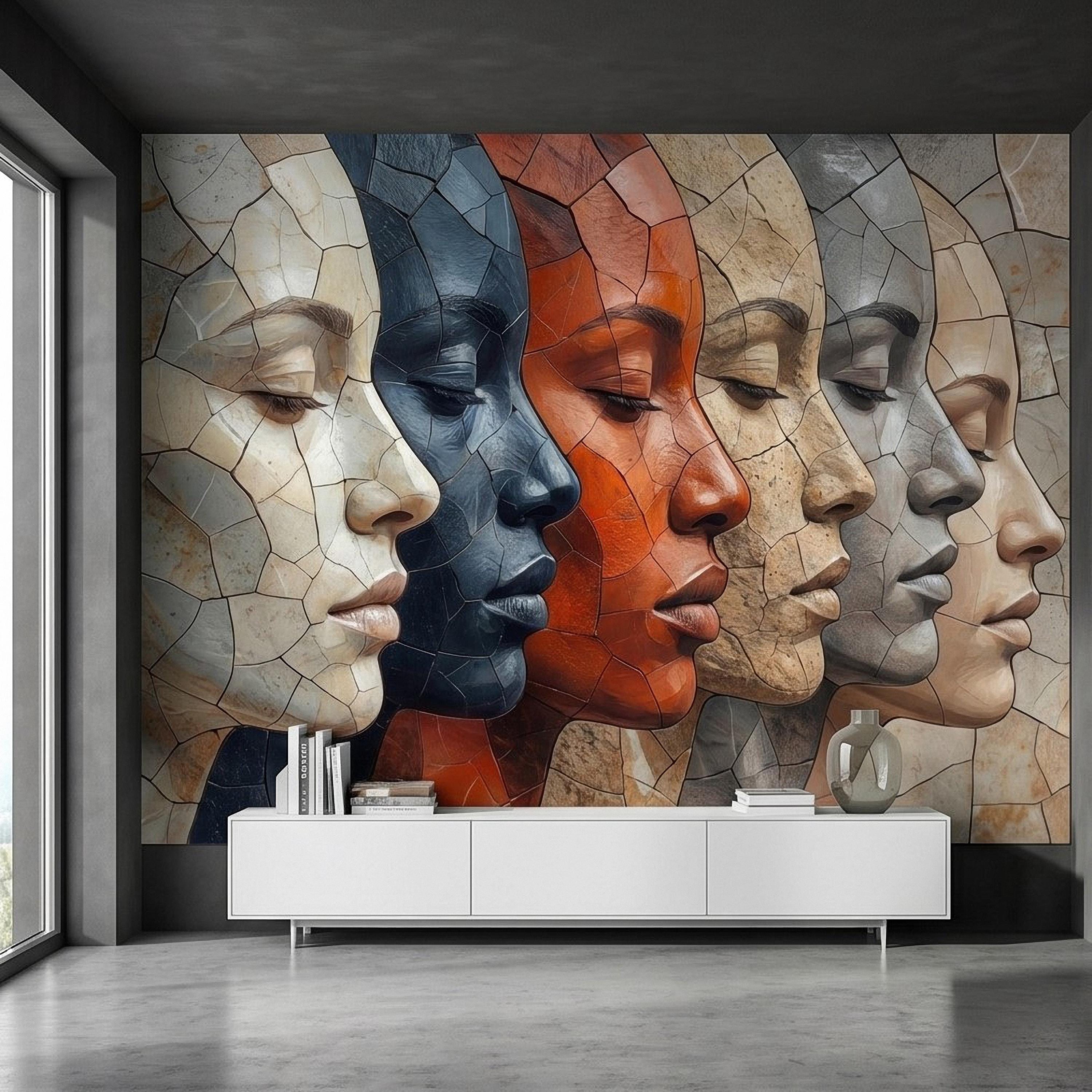 Abstract Mosaic Faces Peel and Stick Wall Mural, Modern Cubist Portrait Profile Collage, Stone Tile Texture, Neutral Earth Tones Wallpaper