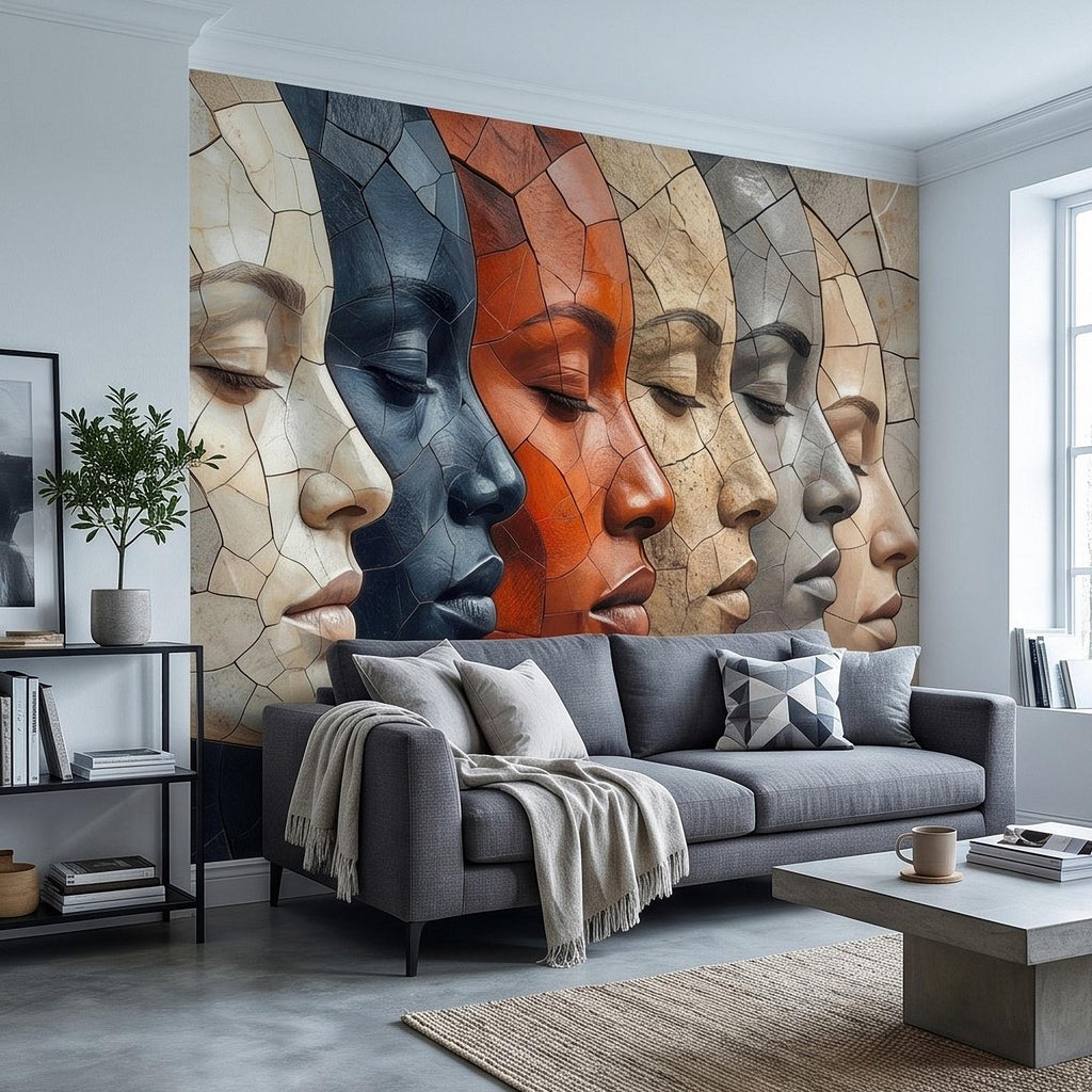 Abstract Mosaic Faces Peel and Stick Wall Mural, Modern Cubist Portrait Profile Collage, Stone Tile Texture, Neutral Earth Tones Wallpaper