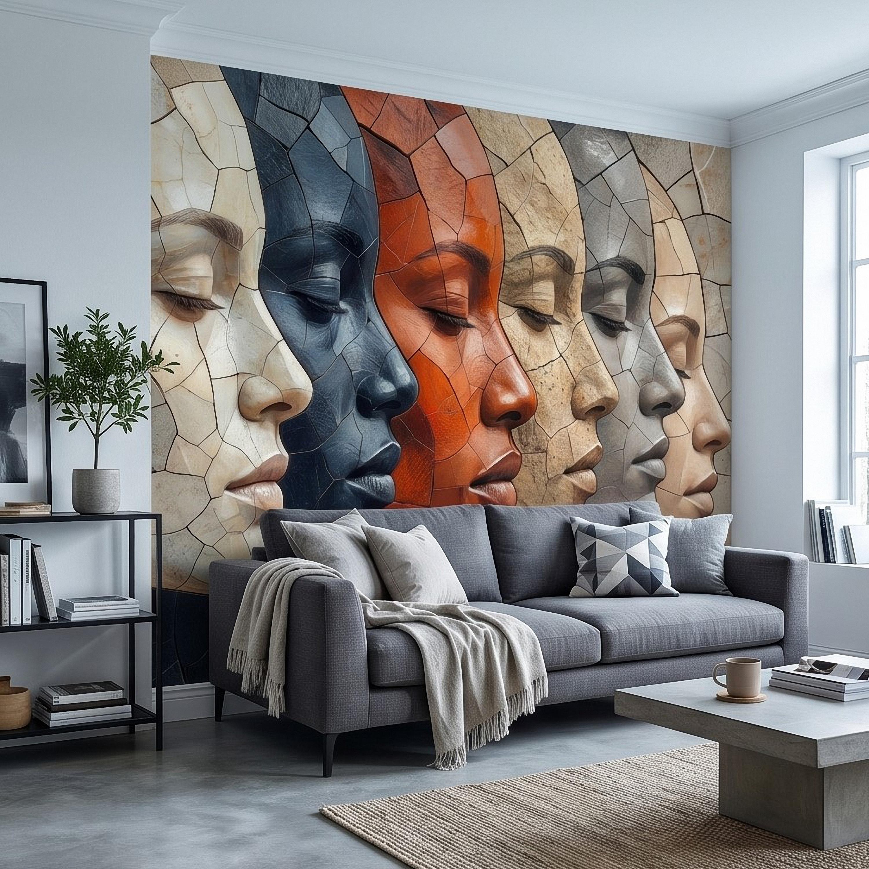 Abstract Mosaic Faces Peel and Stick Wall Mural, Modern Cubist Portrait Profile Collage, Stone Tile Texture, Neutral Earth Tones Wallpaper