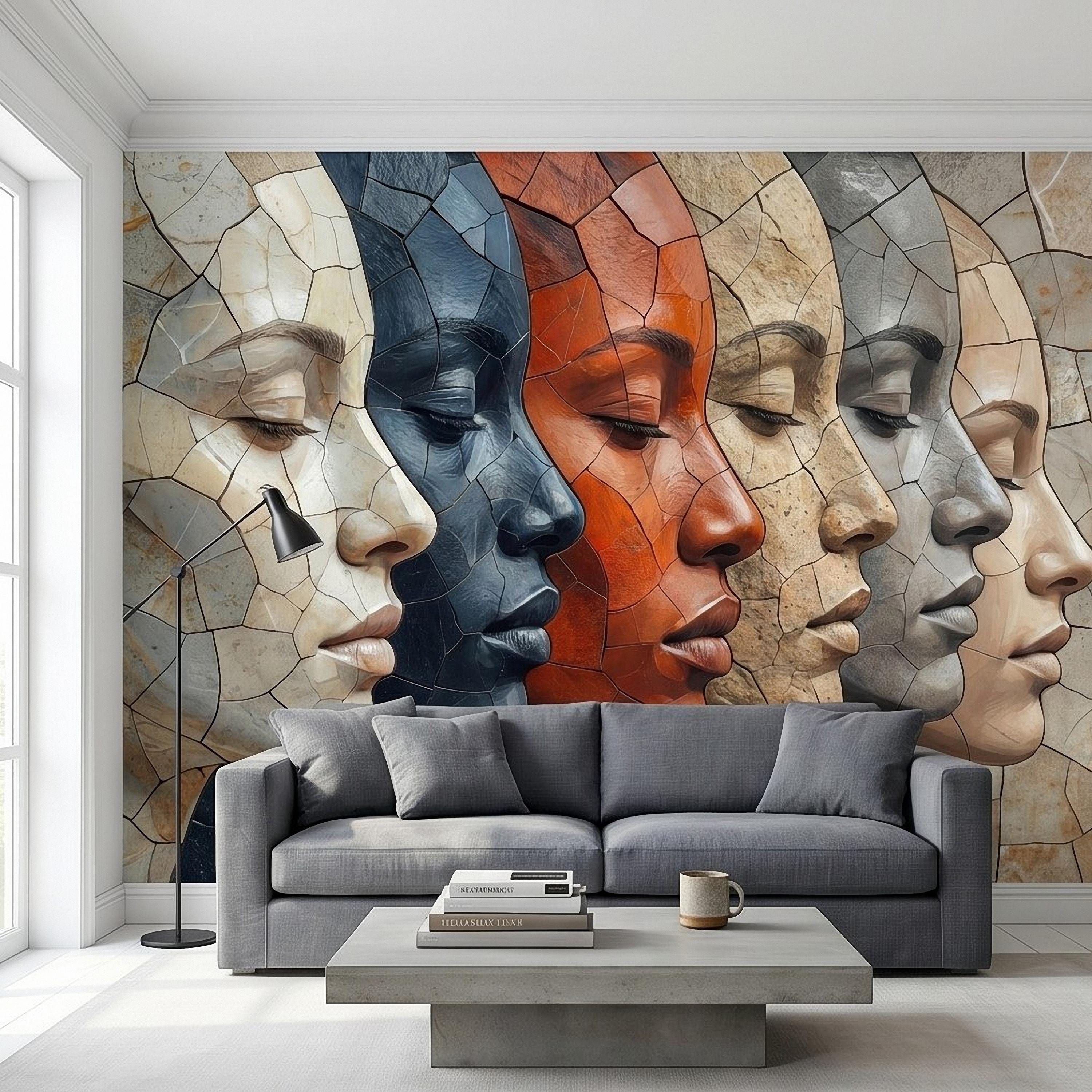 Abstract Mosaic Faces Peel and Stick Wall Mural, Modern Cubist Portrait Profile Collage, Stone Tile Texture, Neutral Earth Tones Wallpaper