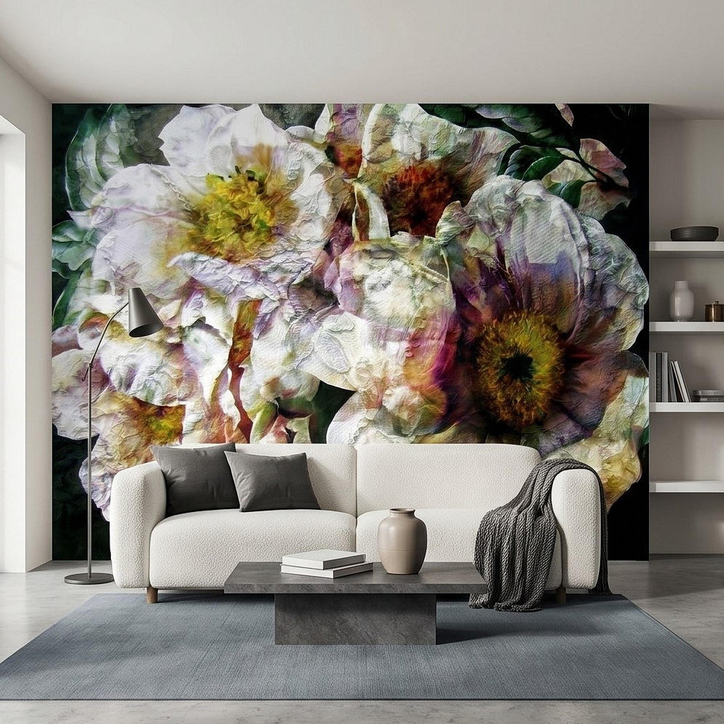 Textured White Peony Floral Peel and Stick Wall Mural, Dark Romantic Botanical Close Up, Vintage Oil Painting Style Flowers Wallpaper