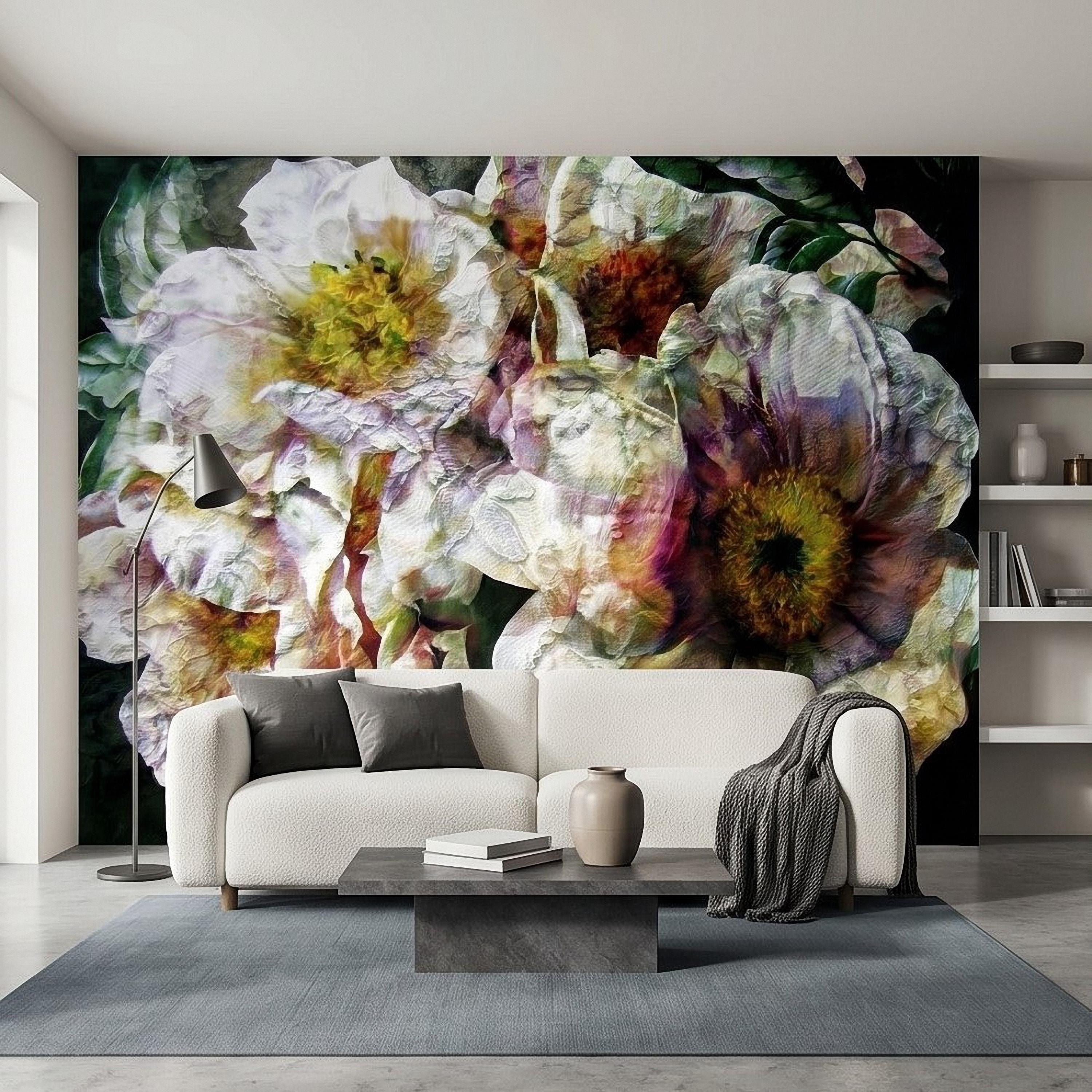 Textured White Peony Floral Peel and Stick Wall Mural, Dark Romantic Botanical Close Up, Vintage Oil Painting Style Flowers Wallpaper