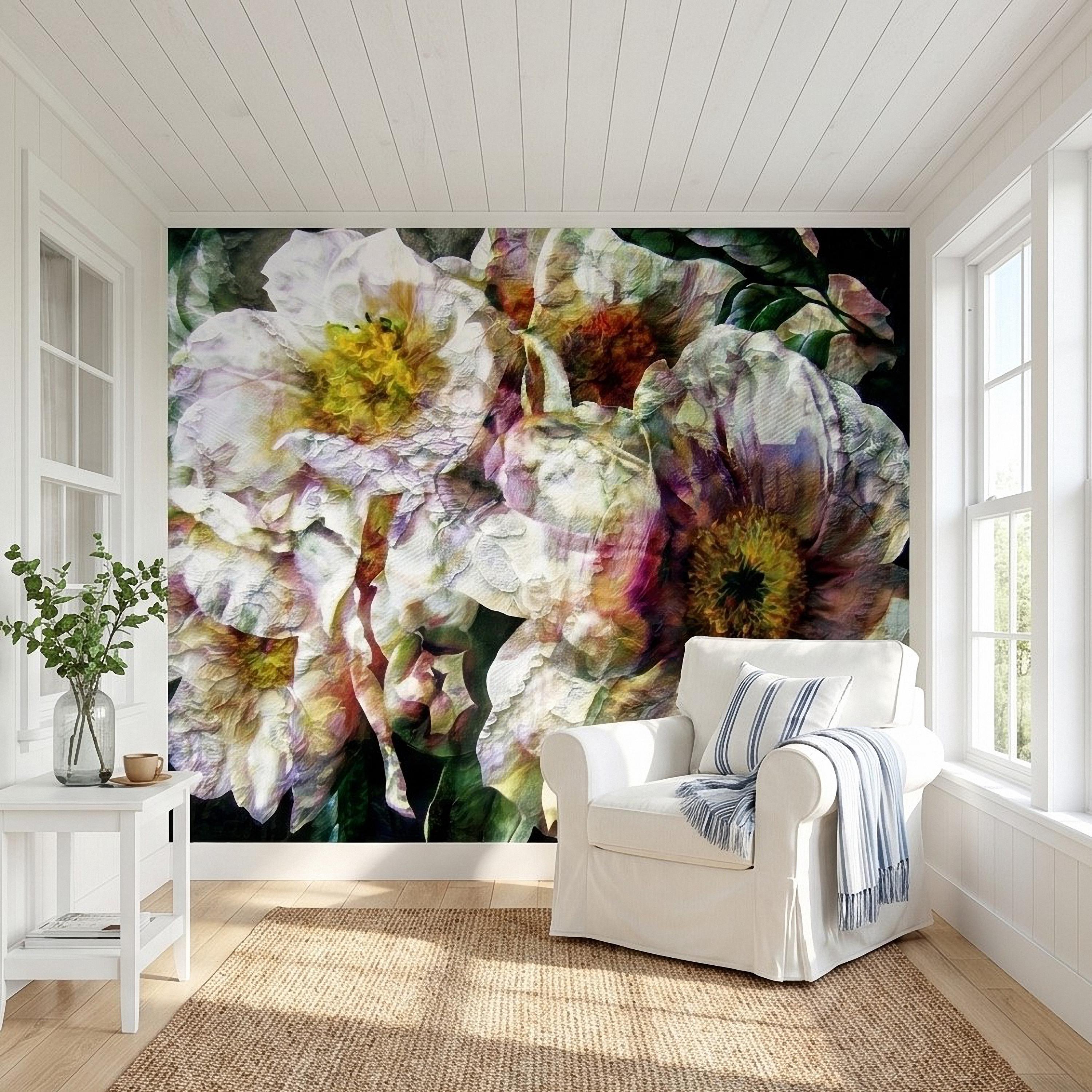 Textured White Peony Floral Peel and Stick Wall Mural, Dark Romantic Botanical Close Up, Vintage Oil Painting Style Flowers Wallpaper