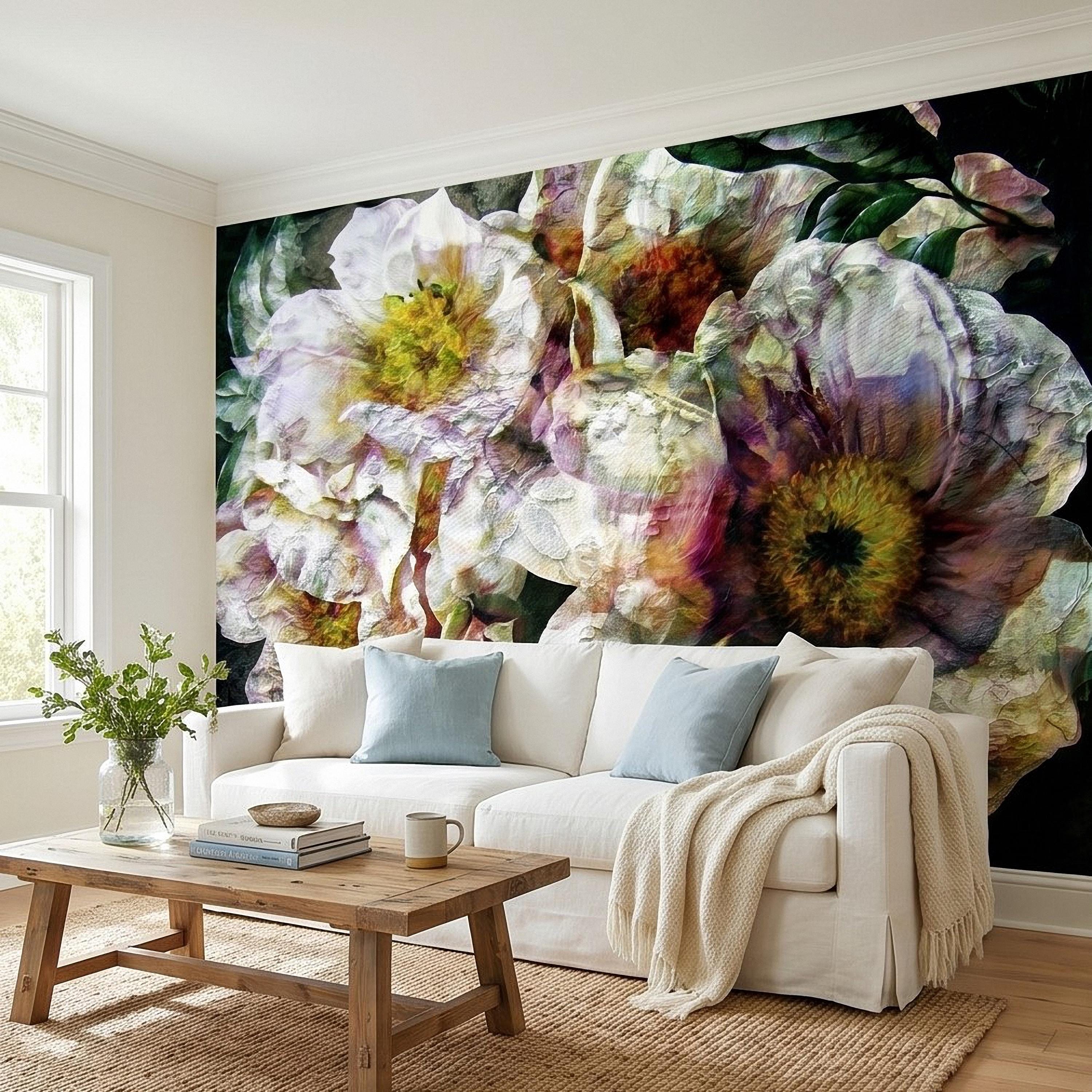 Textured White Peony Floral Peel and Stick Wall Mural, Dark Romantic Botanical Close Up, Vintage Oil Painting Style Flowers Wallpaper