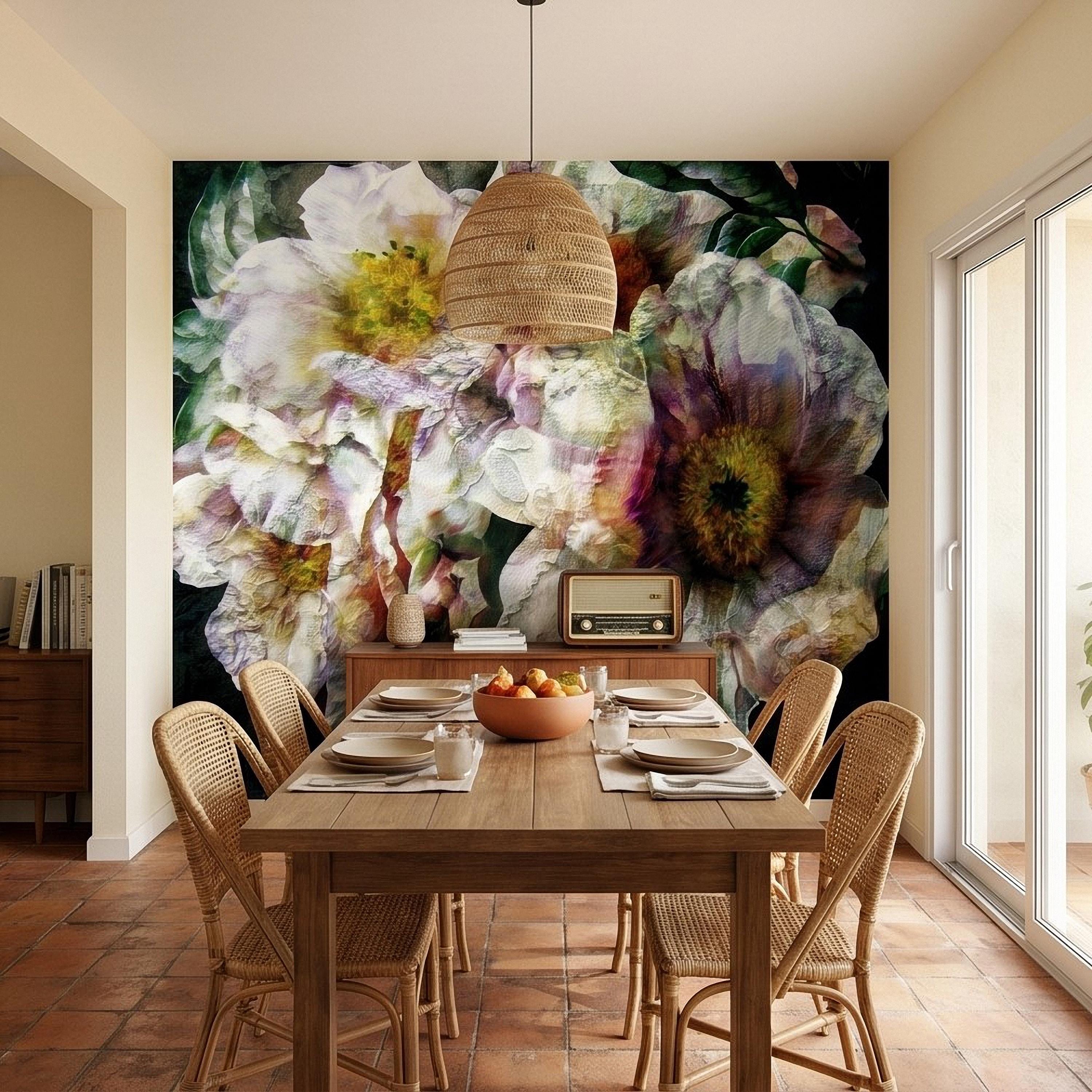 Textured White Peony Floral Peel and Stick Wall Mural, Dark Romantic Botanical Close Up, Vintage Oil Painting Style Flowers Wallpaper