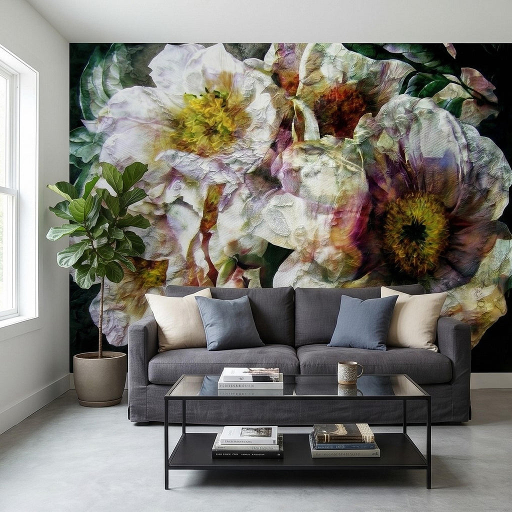 Textured White Peony Floral Peel and Stick Wall Mural, Dark Romantic Botanical Close Up, Vintage Oil Painting Style Flowers Wallpaper