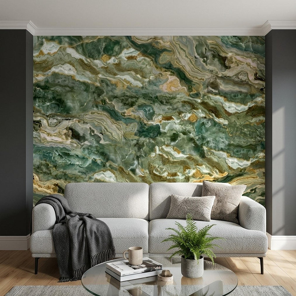 Green Onyx Agate Peel and Stick Wall Mural, Faux Marble Stone Texture Swirls, Abstract Stone Slab, Geode Veins, Modern Luxury Calm Wallpaper