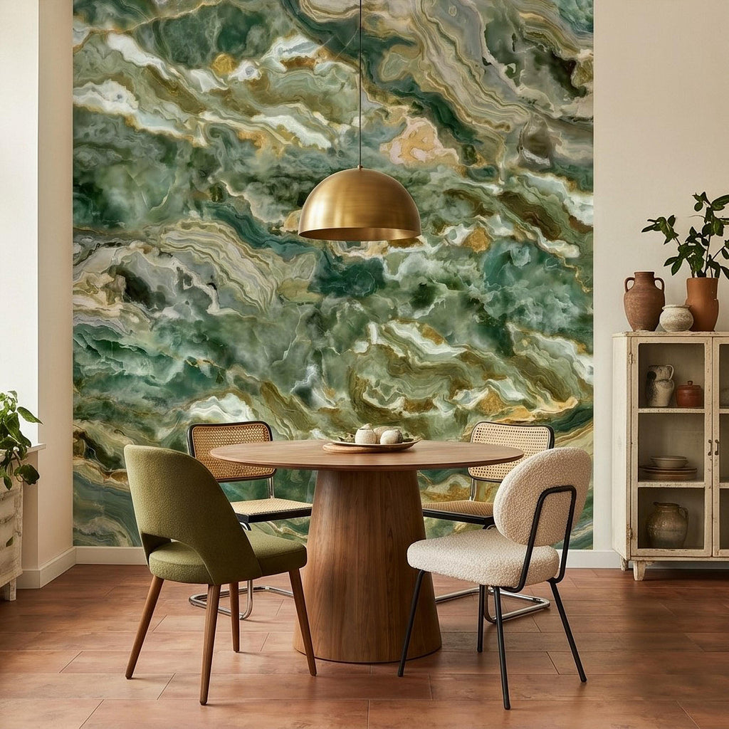 Green Onyx Agate Peel and Stick Wall Mural, Faux Marble Stone Texture Swirls, Abstract Stone Slab, Geode Veins, Modern Luxury Calm Wallpaper