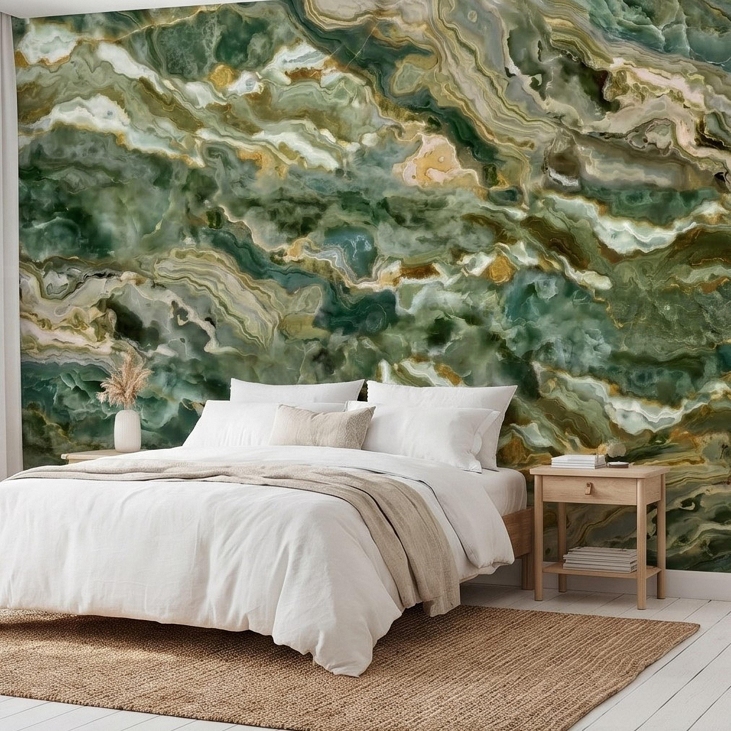 Green Onyx Agate Peel and Stick Wall Mural, Faux Marble Stone Texture Swirls, Abstract Stone Slab, Geode Veins, Modern Luxury Calm Wallpaper