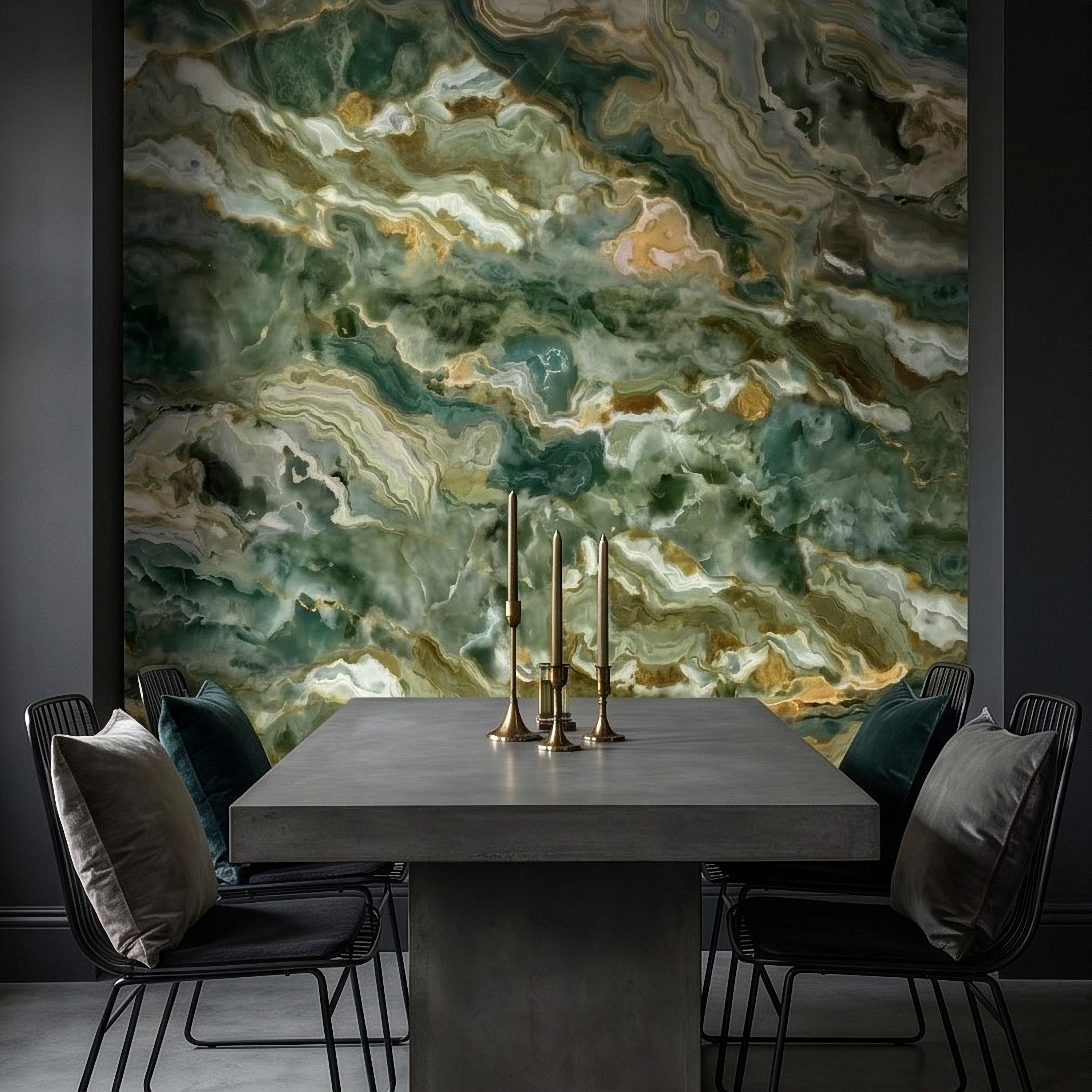 Green Onyx Agate Peel and Stick Wall Mural, Faux Marble Stone Texture Swirls, Abstract Stone Slab, Geode Veins, Modern Luxury Calm Wallpaper