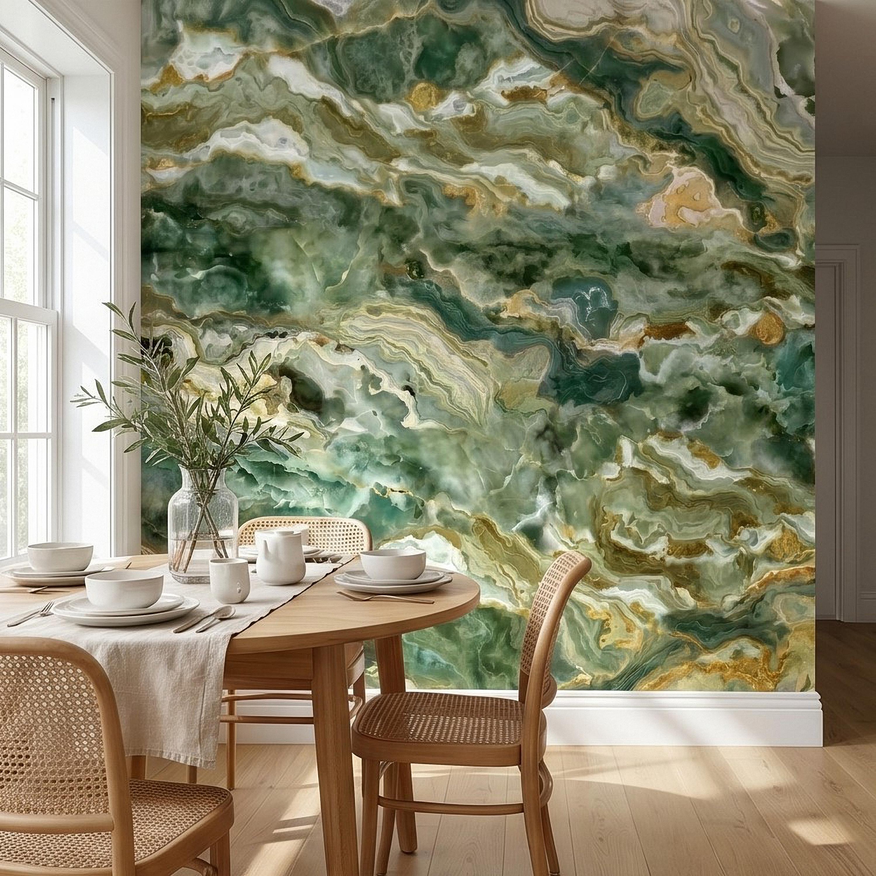Green Onyx Agate Peel and Stick Wall Mural, Faux Marble Stone Texture Swirls, Abstract Stone Slab, Geode Veins, Modern Luxury Calm Wallpaper