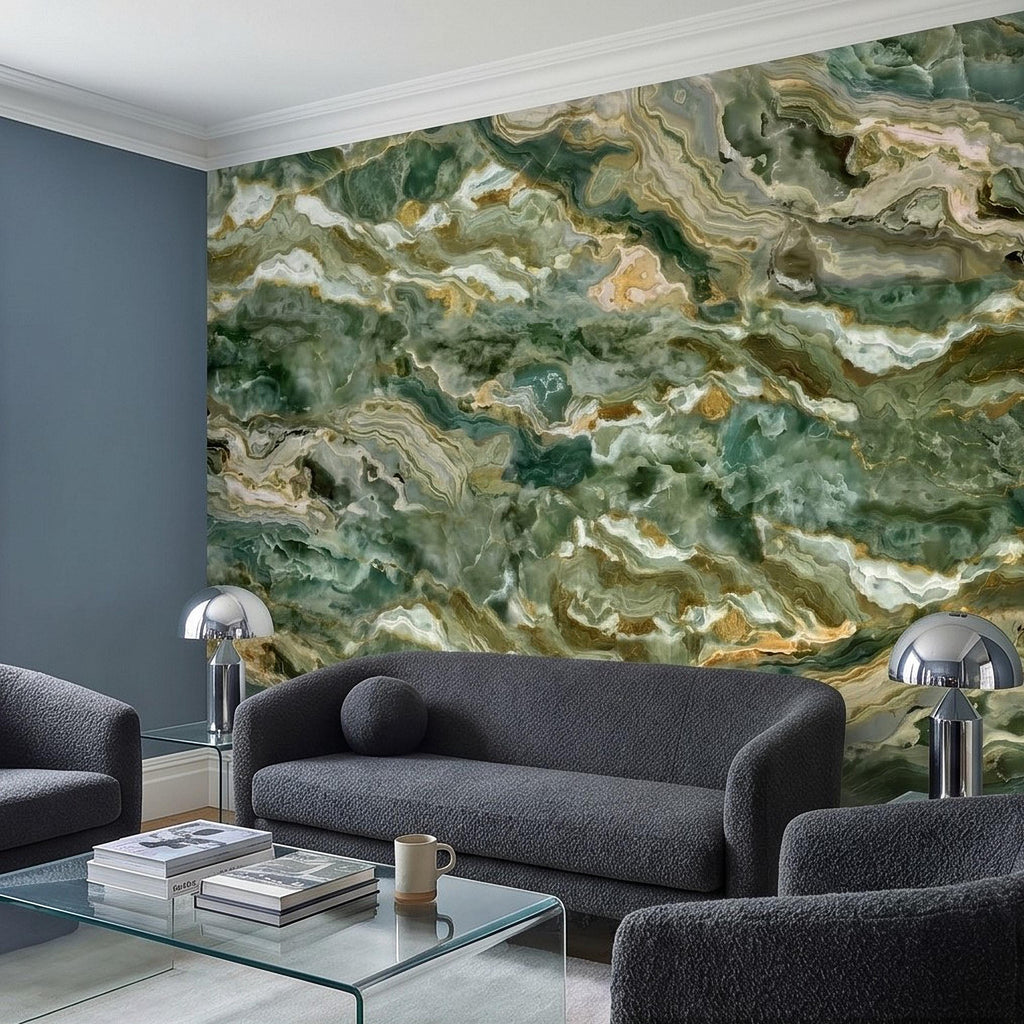 Green Onyx Agate Peel and Stick Wall Mural, Faux Marble Stone Texture Swirls, Abstract Stone Slab, Geode Veins, Modern Luxury Calm Wallpaper