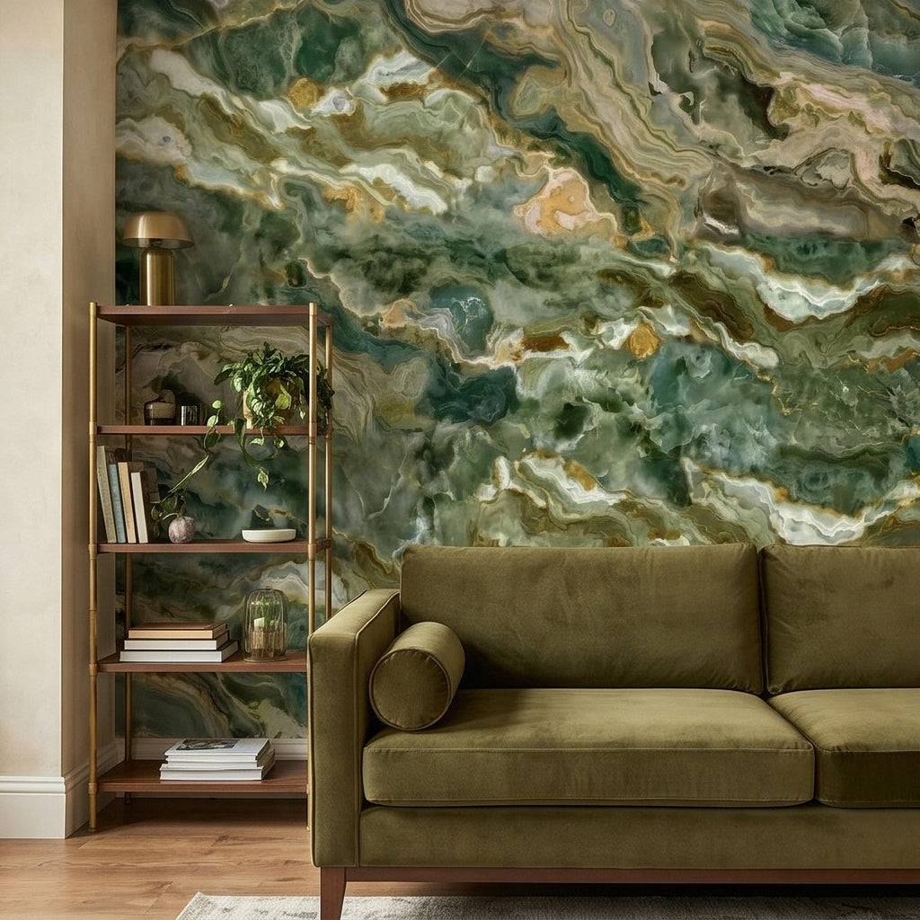 Green Onyx Agate Peel and Stick Wall Mural, Faux Marble Stone Texture Swirls, Abstract Stone Slab, Geode Veins, Modern Luxury Calm Wallpaper