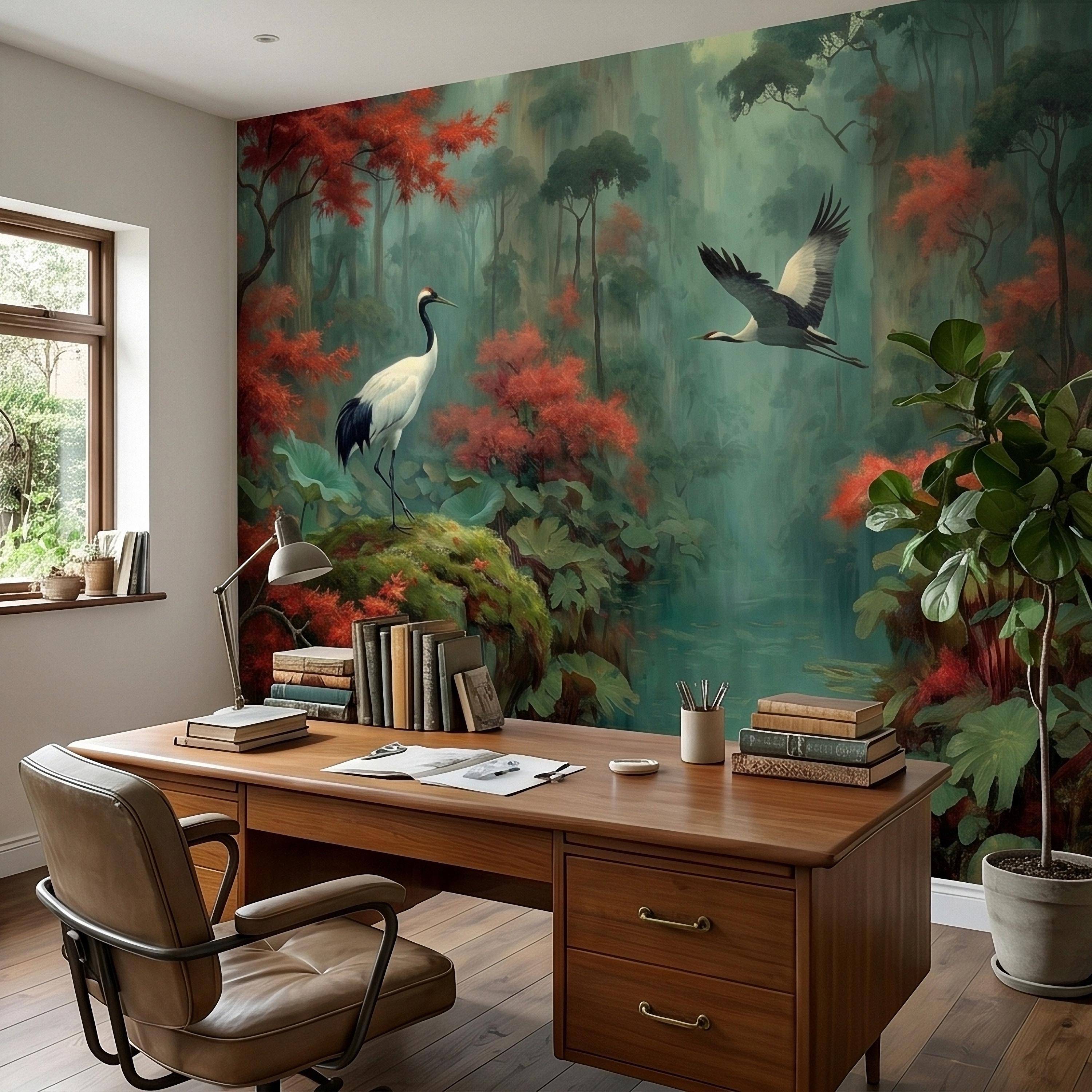Japanese Crane Pond Peel and Stick Wall Mural, Misty Forest with Red Maple Leaves and Water Lilies, Teal Green Vintage Oriental Wallpaper