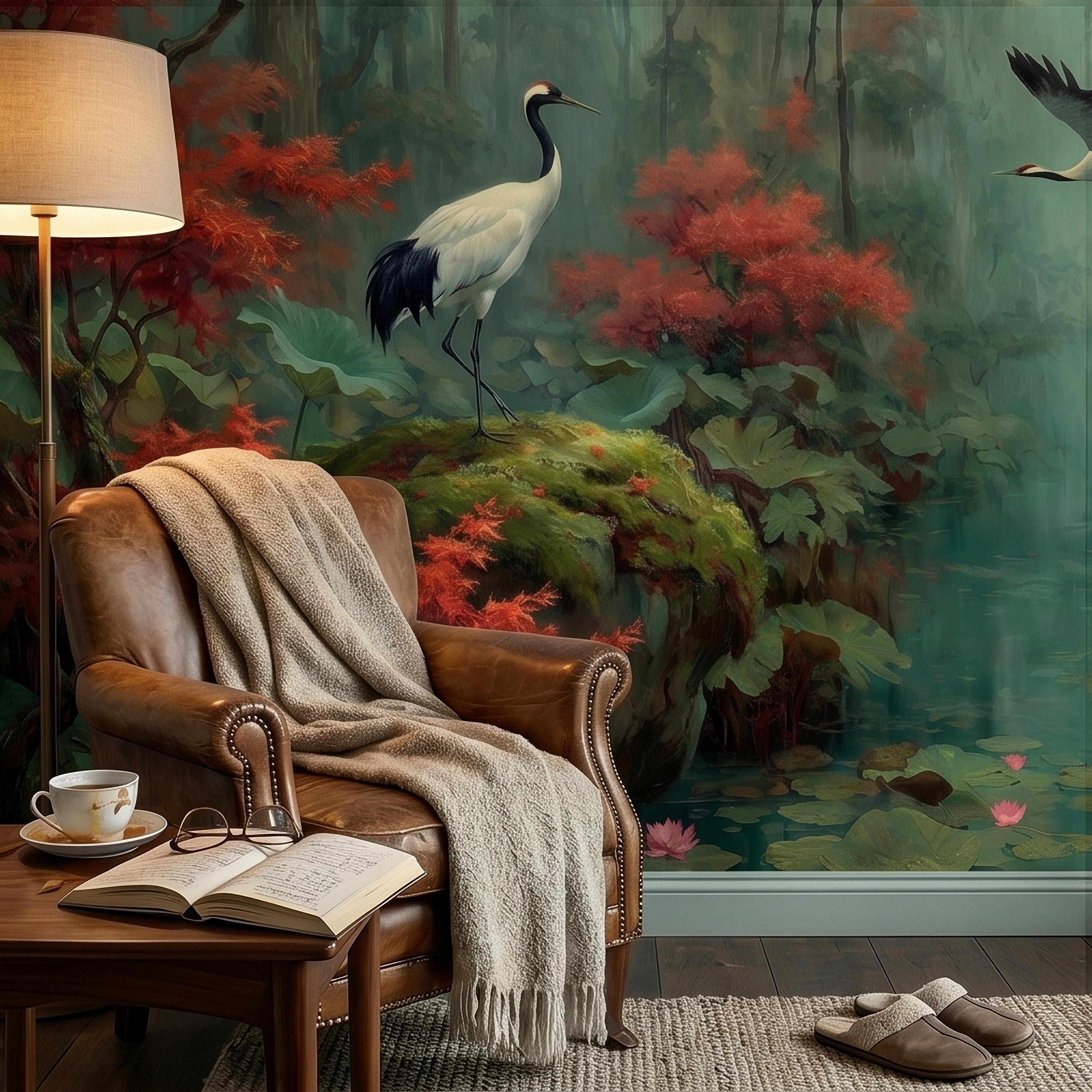Japanese Crane Pond Peel and Stick Wall Mural, Misty Forest with Red Maple Leaves and Water Lilies, Teal Green Vintage Oriental Wallpaper