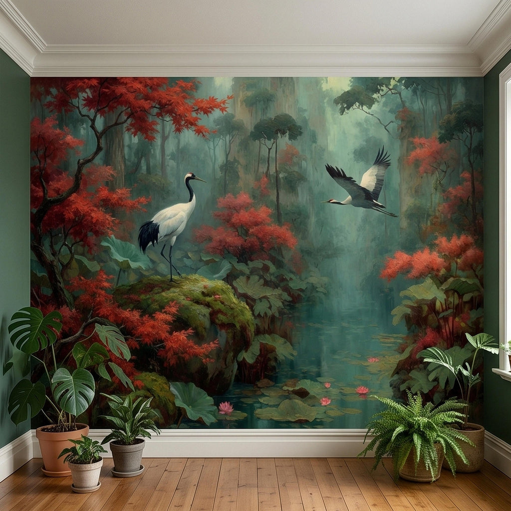 Japanese Crane Pond Peel and Stick Wall Mural, Misty Forest with Red Maple Leaves and Water Lilies, Teal Green Vintage Oriental Wallpaper