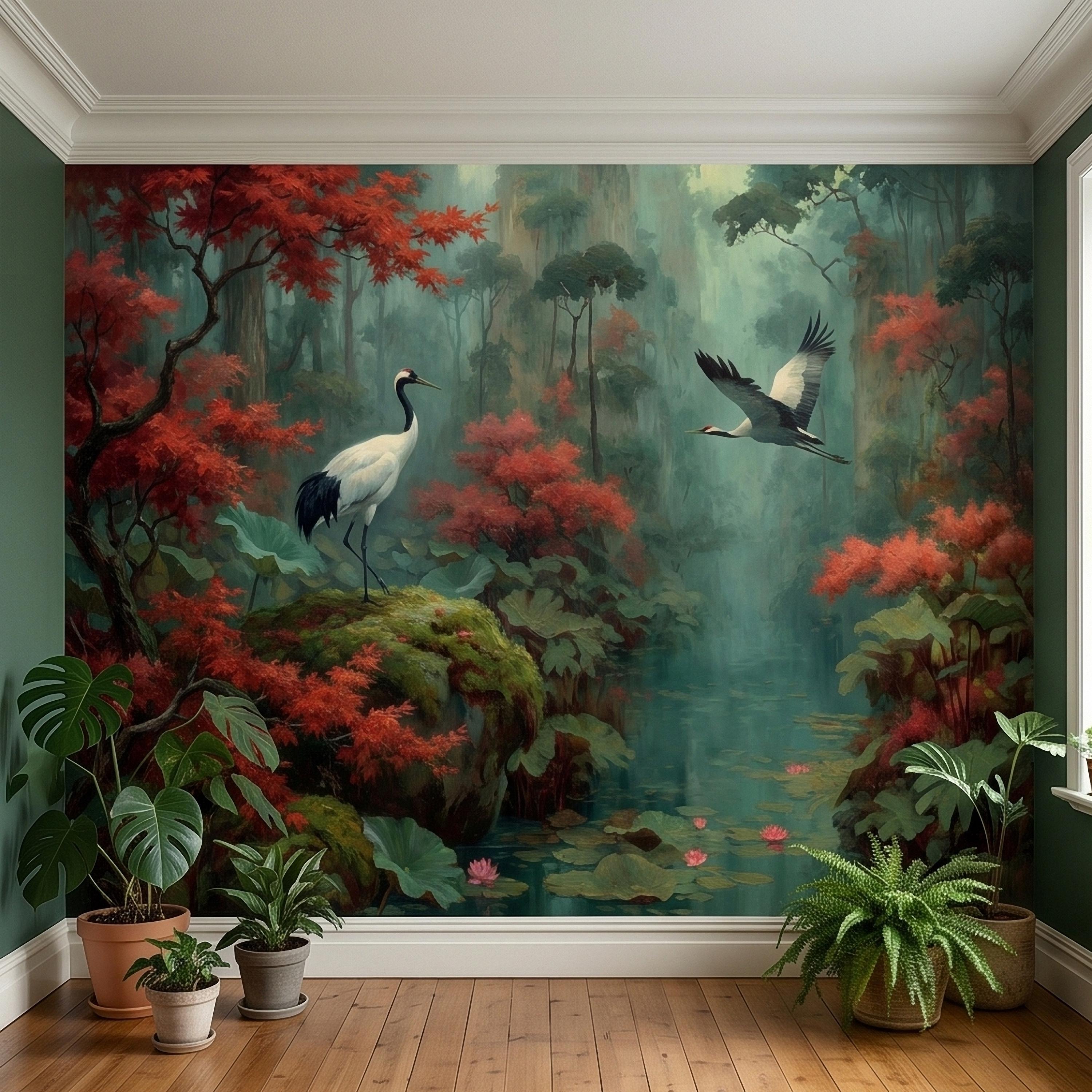 Japanese Crane Pond Peel and Stick Wall Mural, Misty Forest with Red Maple Leaves and Water Lilies, Teal Green Vintage Oriental Wallpaper