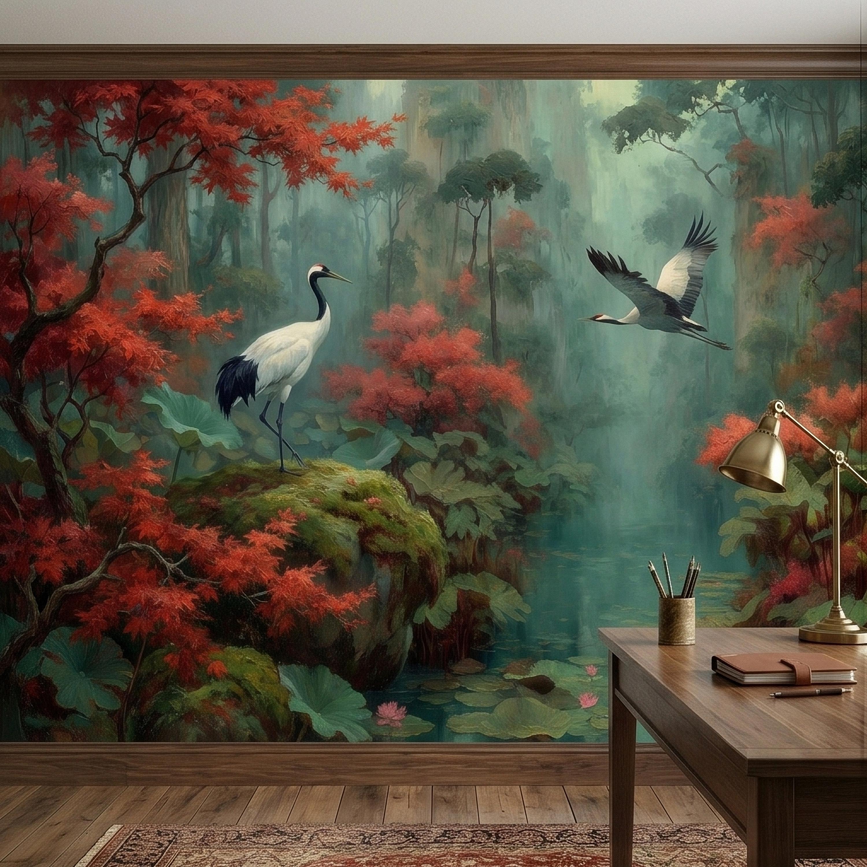 Japanese Crane Pond Peel and Stick Wall Mural, Misty Forest with Red Maple Leaves and Water Lilies, Teal Green Vintage Oriental Wallpaper
