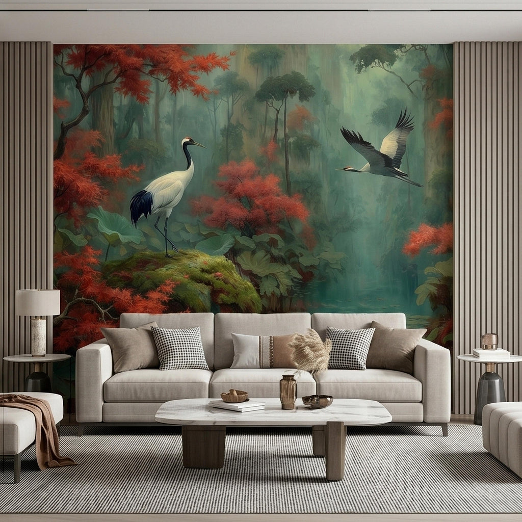 Japanese Crane Pond Peel and Stick Wall Mural, Misty Forest with Red Maple Leaves and Water Lilies, Teal Green Vintage Oriental Wallpaper